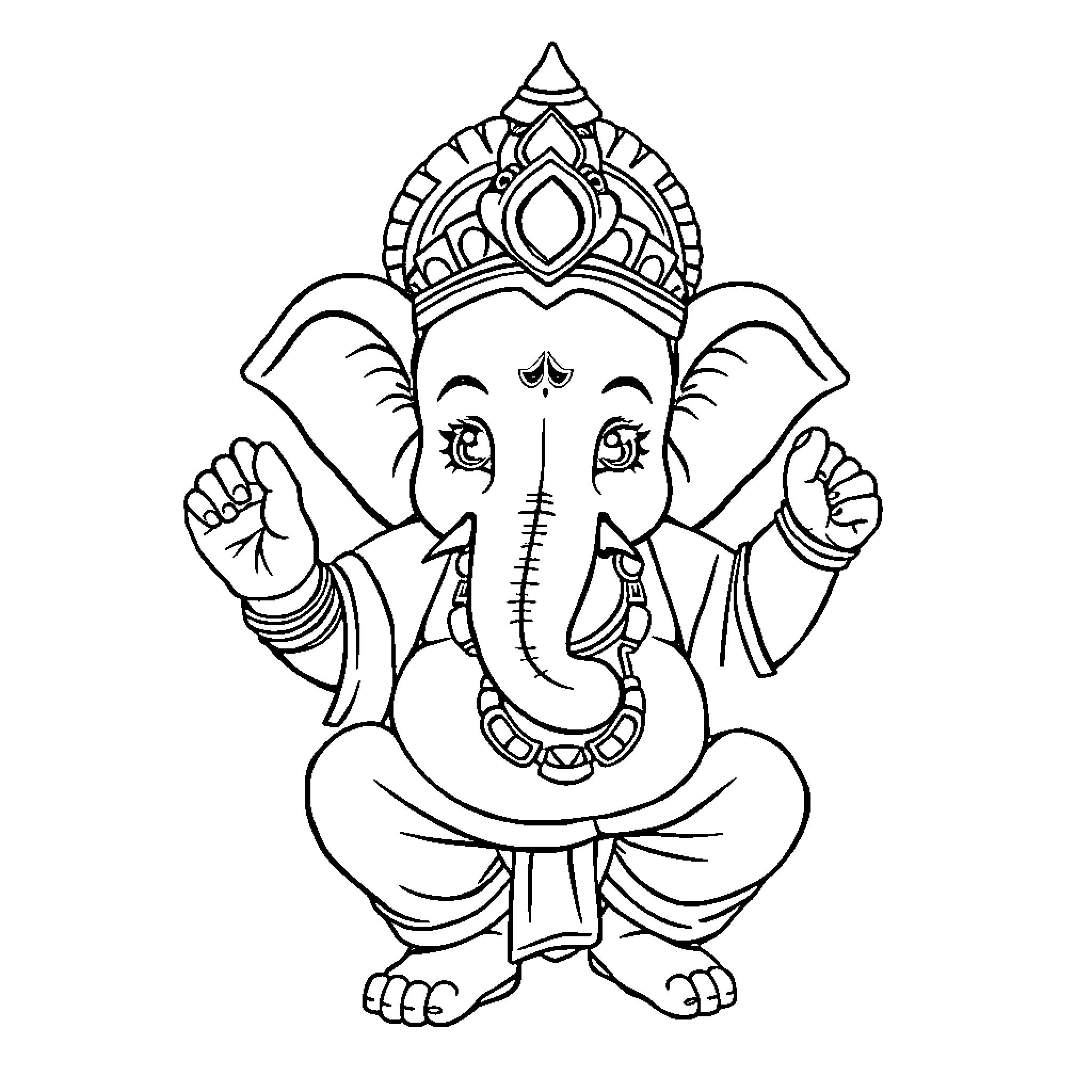 Ganesh, the Hindu Elephant-Headed Deity Coloring Page (free black-and-white line drawing printable PDF for all, from beginners to advanced learners, including children, teens, adults, and seniors)