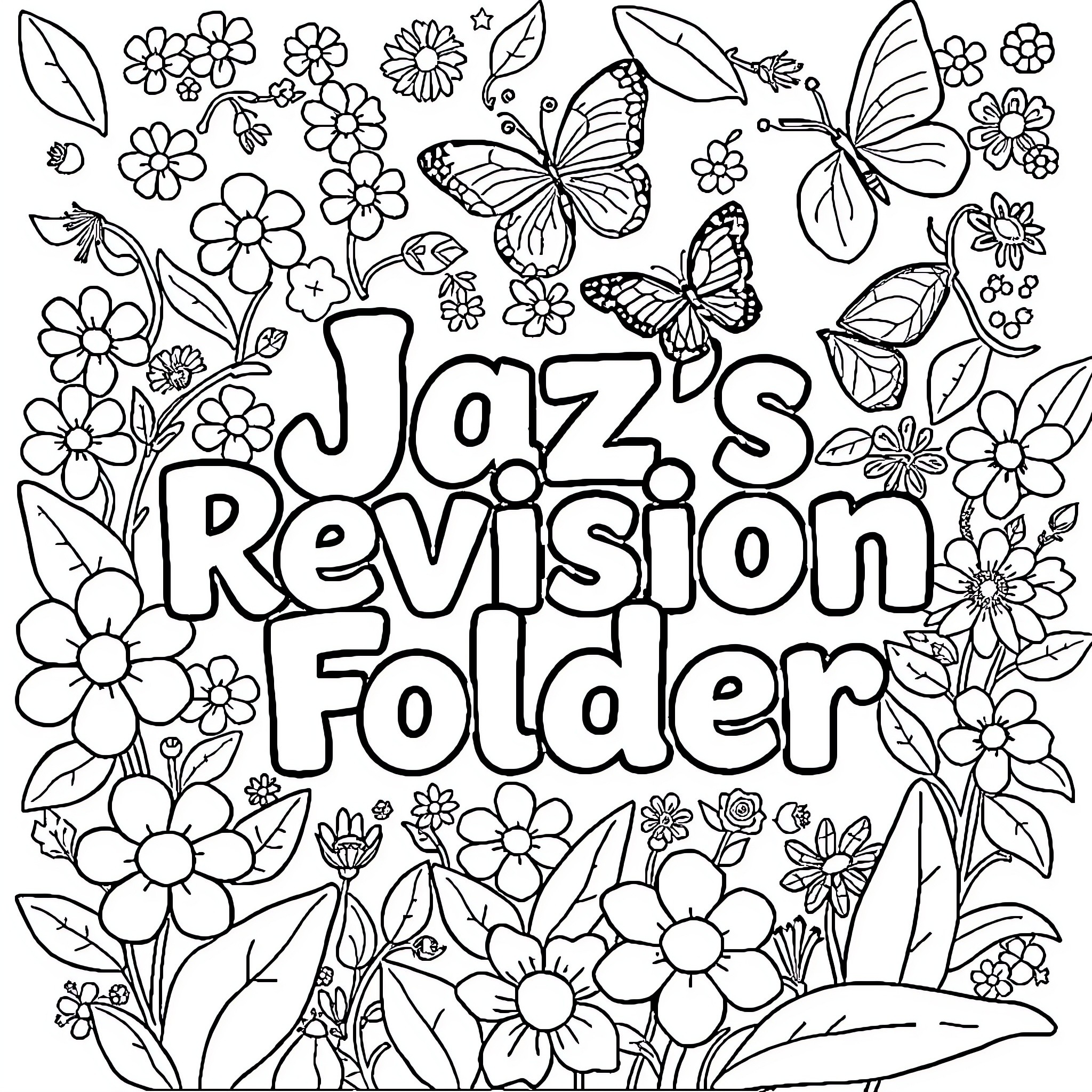 Flower-filled revision folder with butterflies Coloring Page (free black-and-white line drawing printable PDF for all, from beginners to advanced learners, including children, teens, adults, and seniors)