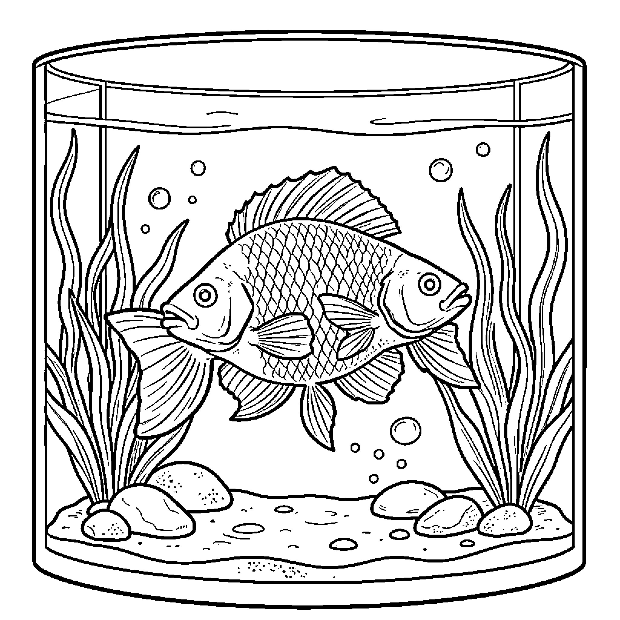 Oscar Fish swimming among seaweed in a tank Coloring Page (free black-and-white line drawing printable PDF for all, from beginners to advanced learners, including children, teens, adults, and seniors)