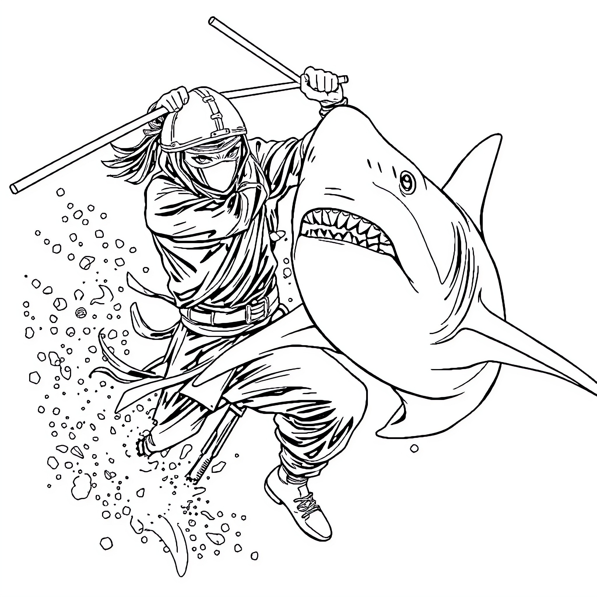 Ninja battling a ferocious shark underwater Coloring Page (free black-and-white line drawing printable PDF for all, from beginners to advanced learners, including children, teens, adults, and seniors)