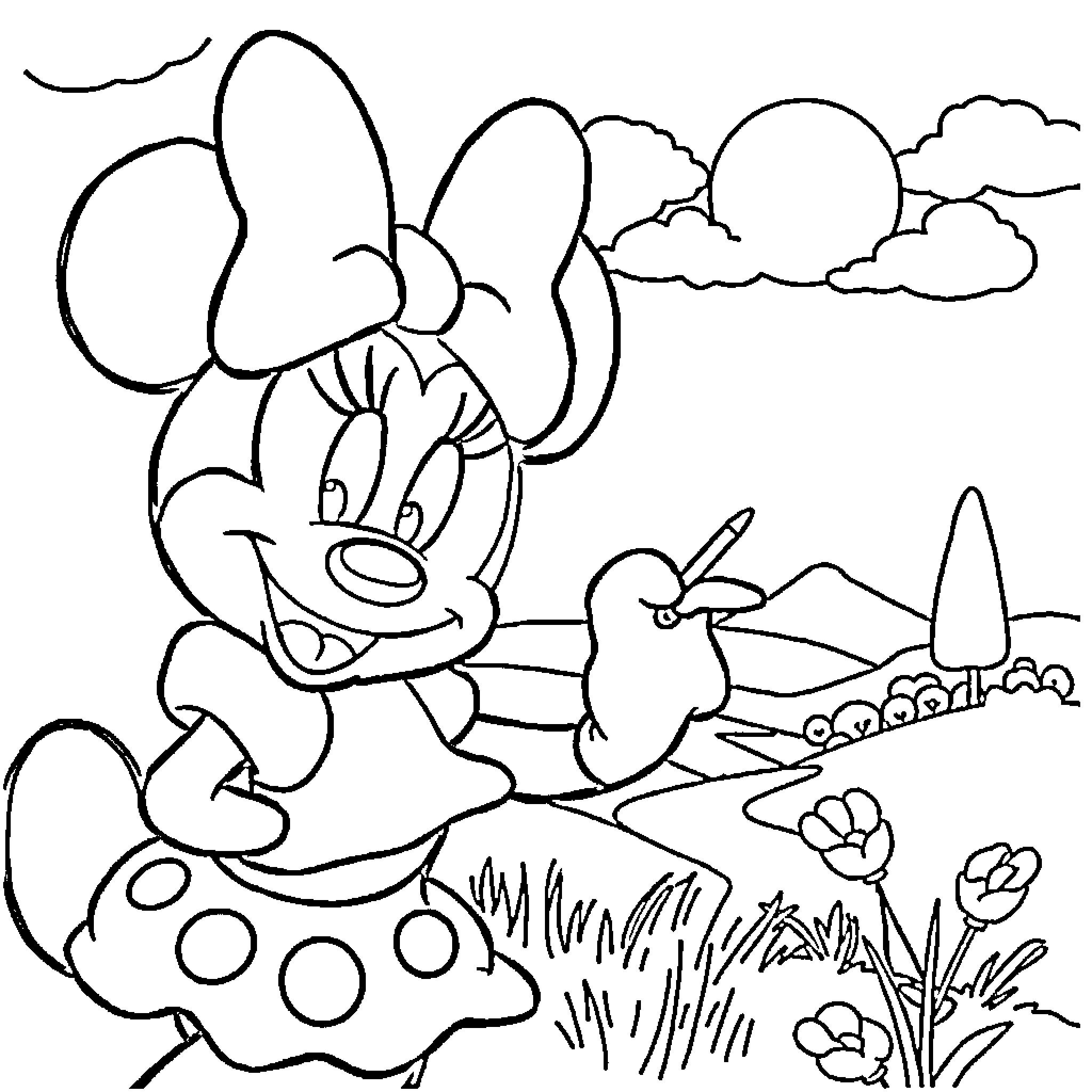 Minnie exploring the beautiful outdoors Coloring Page (free black-and-white line drawing printable PDF for all, from beginners to advanced learners, including children, teens, adults, and seniors)