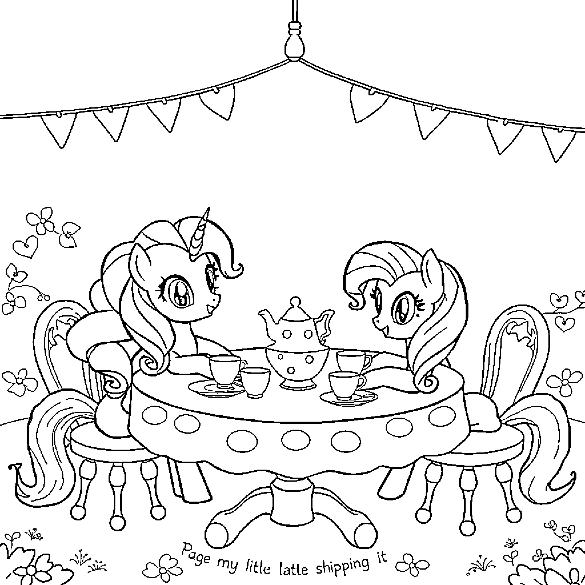Pony friends enjoying a tea party with decorations Coloring Page (free black-and-white line drawing printable PDF for all, from beginners to advanced learners, including children, teens, adults, and seniors)