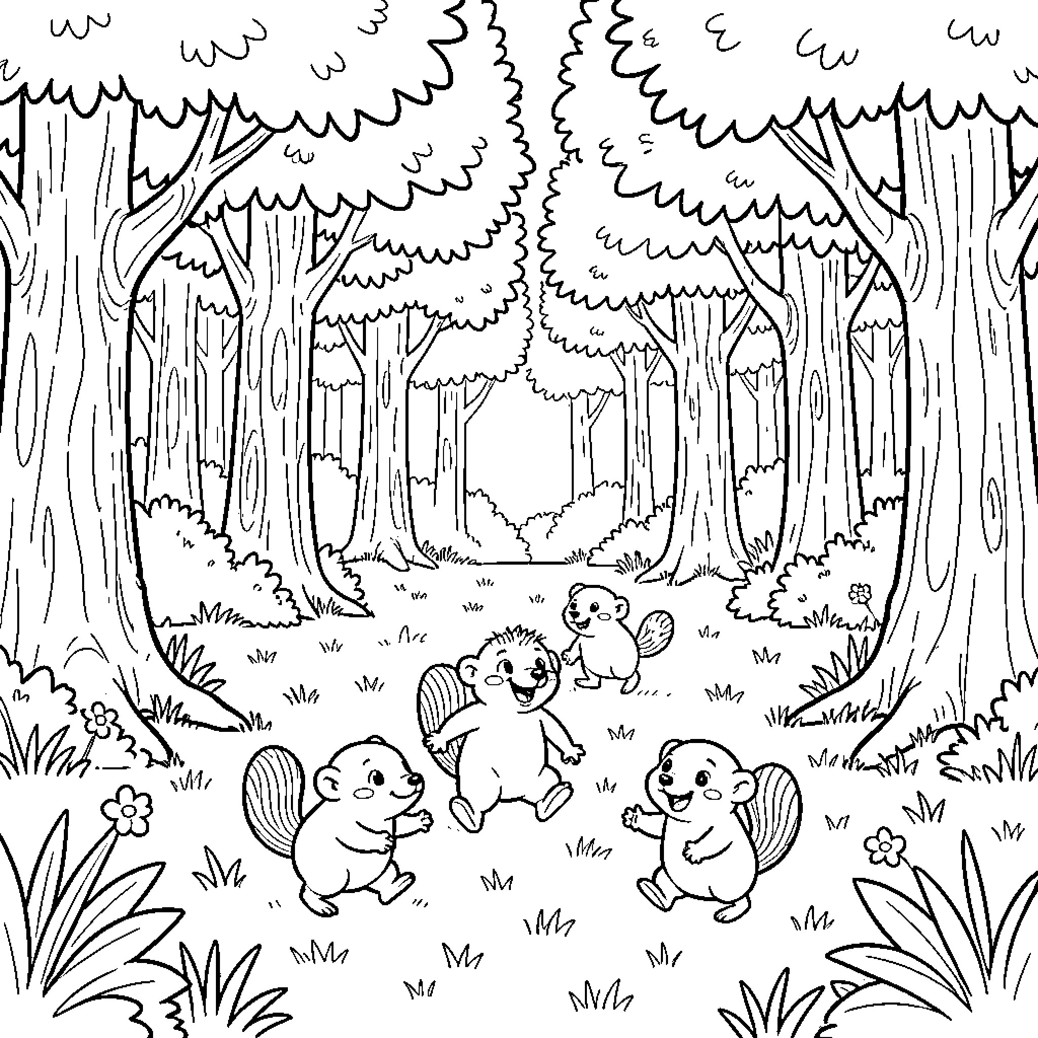 Grizzy and friends playing happily in the forest Coloring Page (free black-and-white line drawing printable PDF for all, from beginners to advanced learners, including children, teens, adults, and seniors)