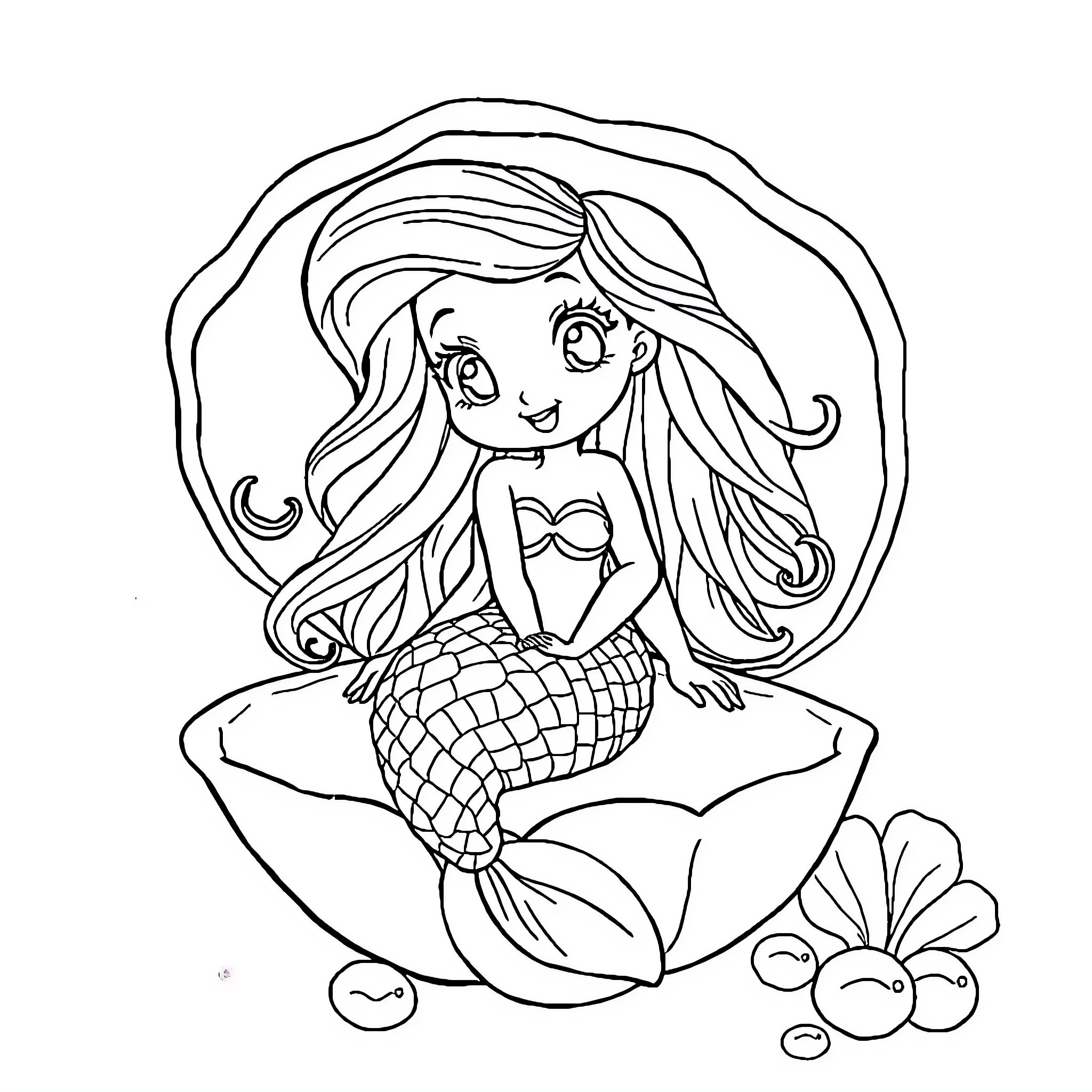 Mermaid playing with seashells on the beach Coloring Page (free black-and-white line drawing printable PDF for all, from beginners to advanced learners, including children, teens, adults, and seniors)