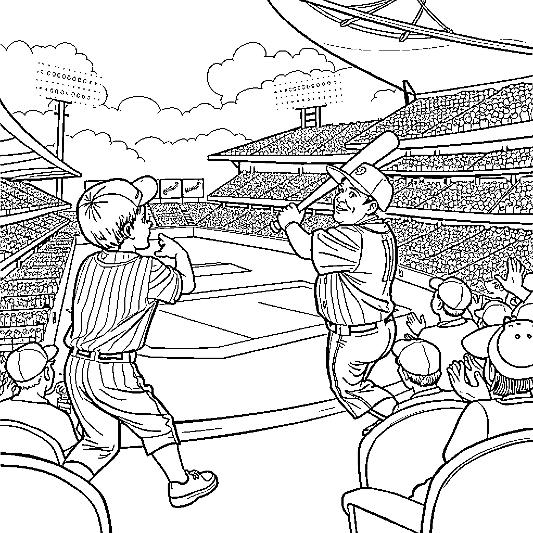 Kid playing baseball with team on field Coloring Page (free black-and-white line drawing printable PDF for all, from beginners to advanced learners, including children, teens, adults, and seniors)