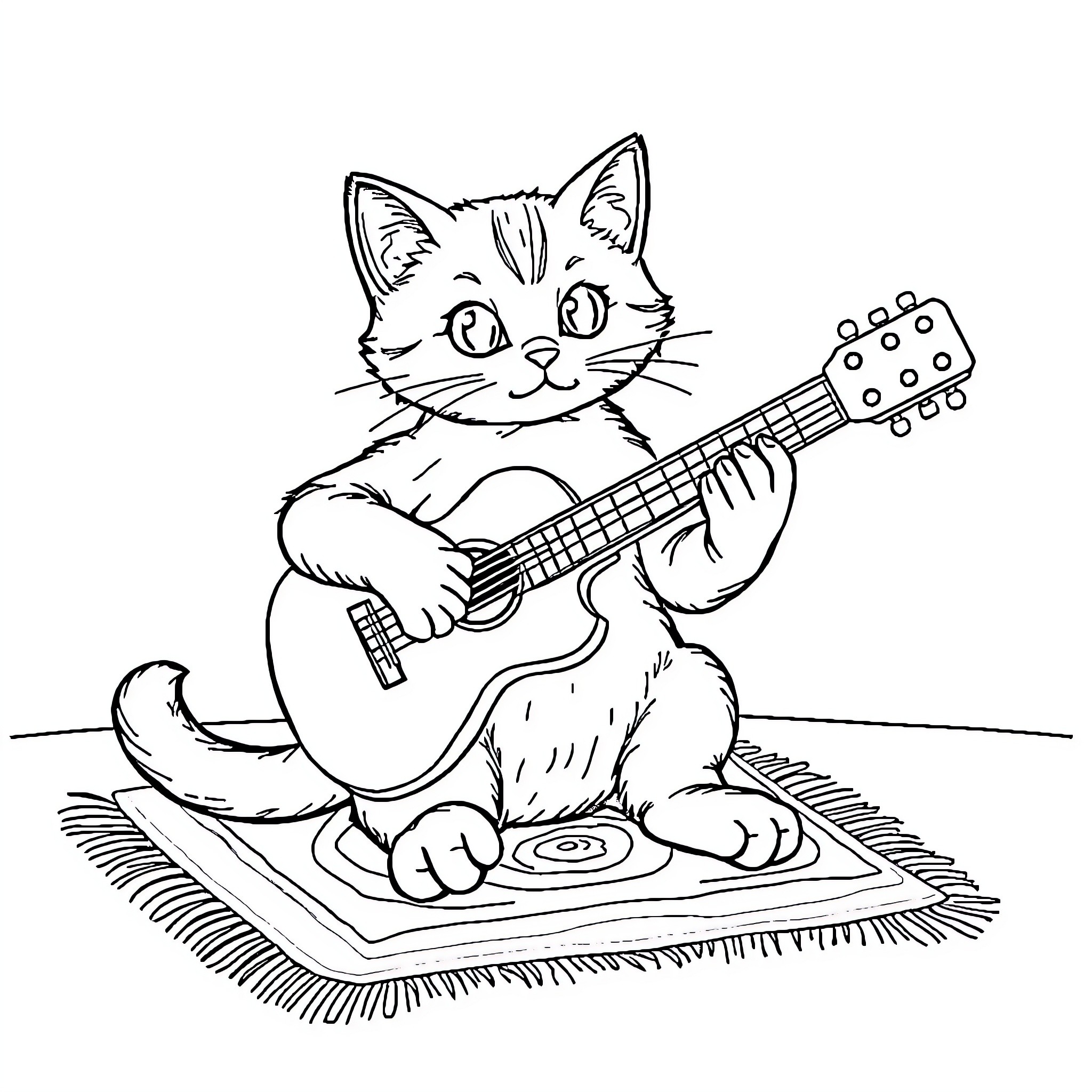 Cat playing guitar on a rug Coloring Page (free black-and-white line drawing printable PDF for all, from beginners to advanced learners, including children, teens, adults, and seniors)