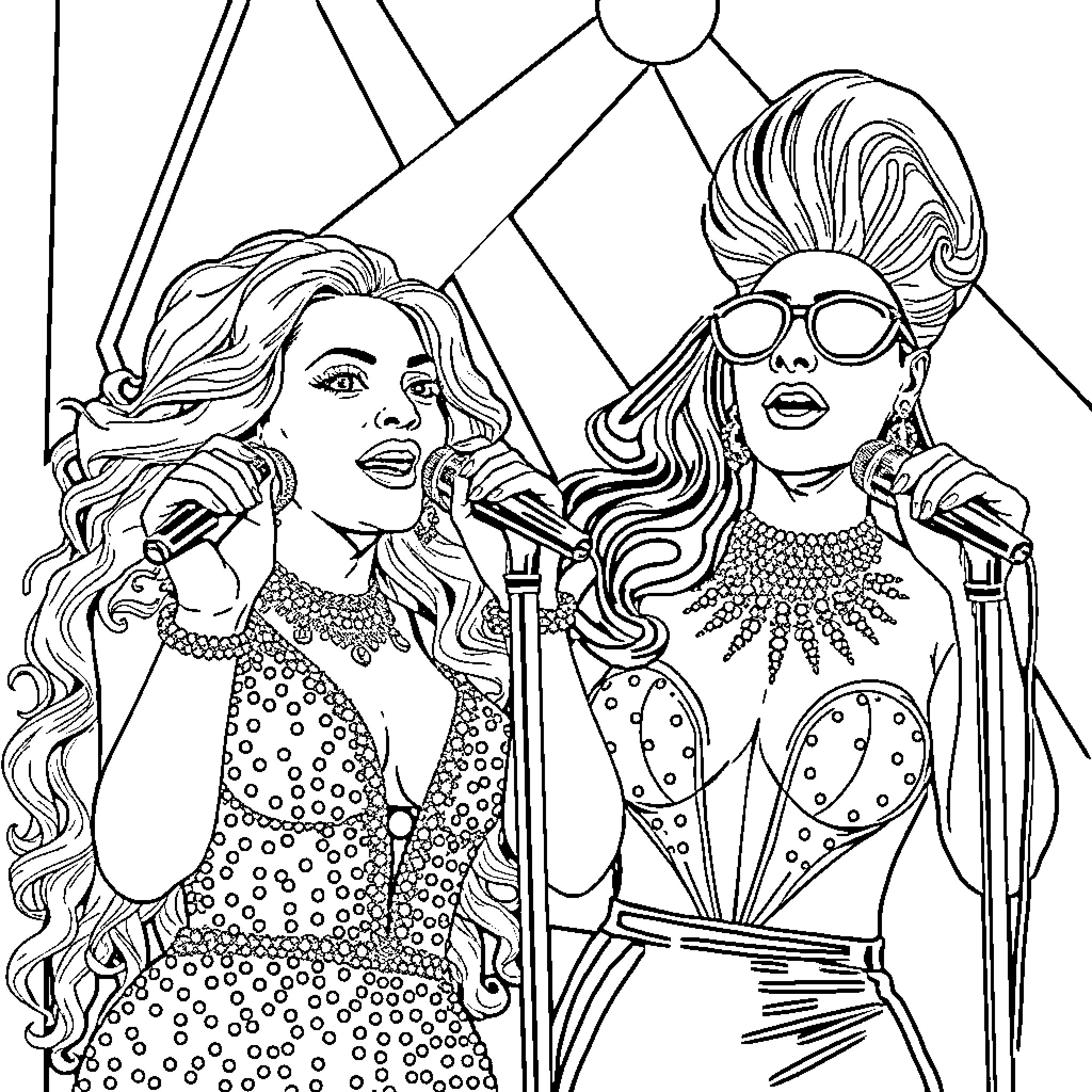 Mariah Carey Performing with Backup Singer on Stage Coloring Page (free black-and-white line drawing printable PDF for all, from beginners to advanced learners, including children, teens, adults, and seniors)