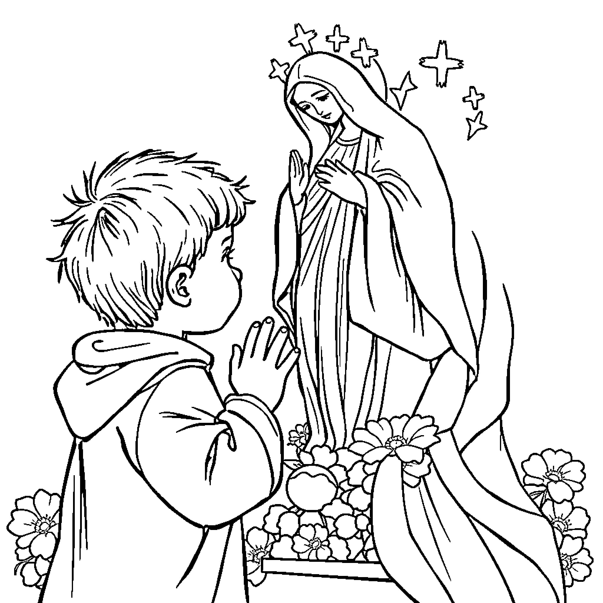 Child praying before Virgin Mary in garden Coloring Page (free black-and-white line drawing printable PDF for all, from beginners to advanced learners, including children, teens, adults, and seniors)