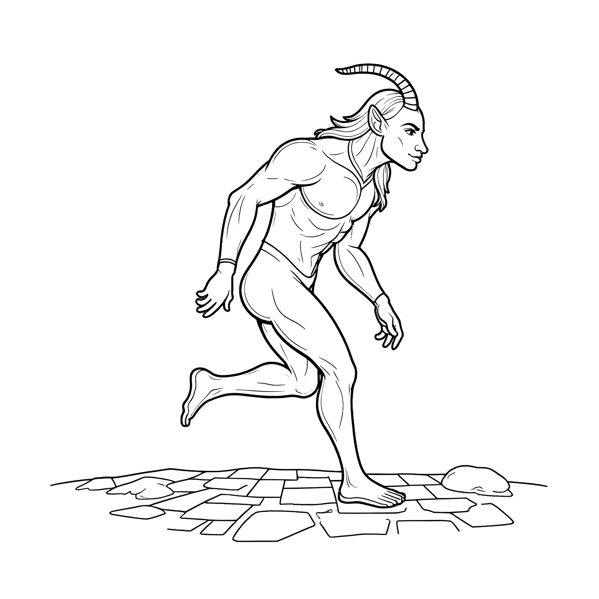 Baphomet figure in dynamic movement Coloring Page (free black-and-white line drawing printable PDF for all, from beginners to advanced learners, including children, teens, adults, and seniors)