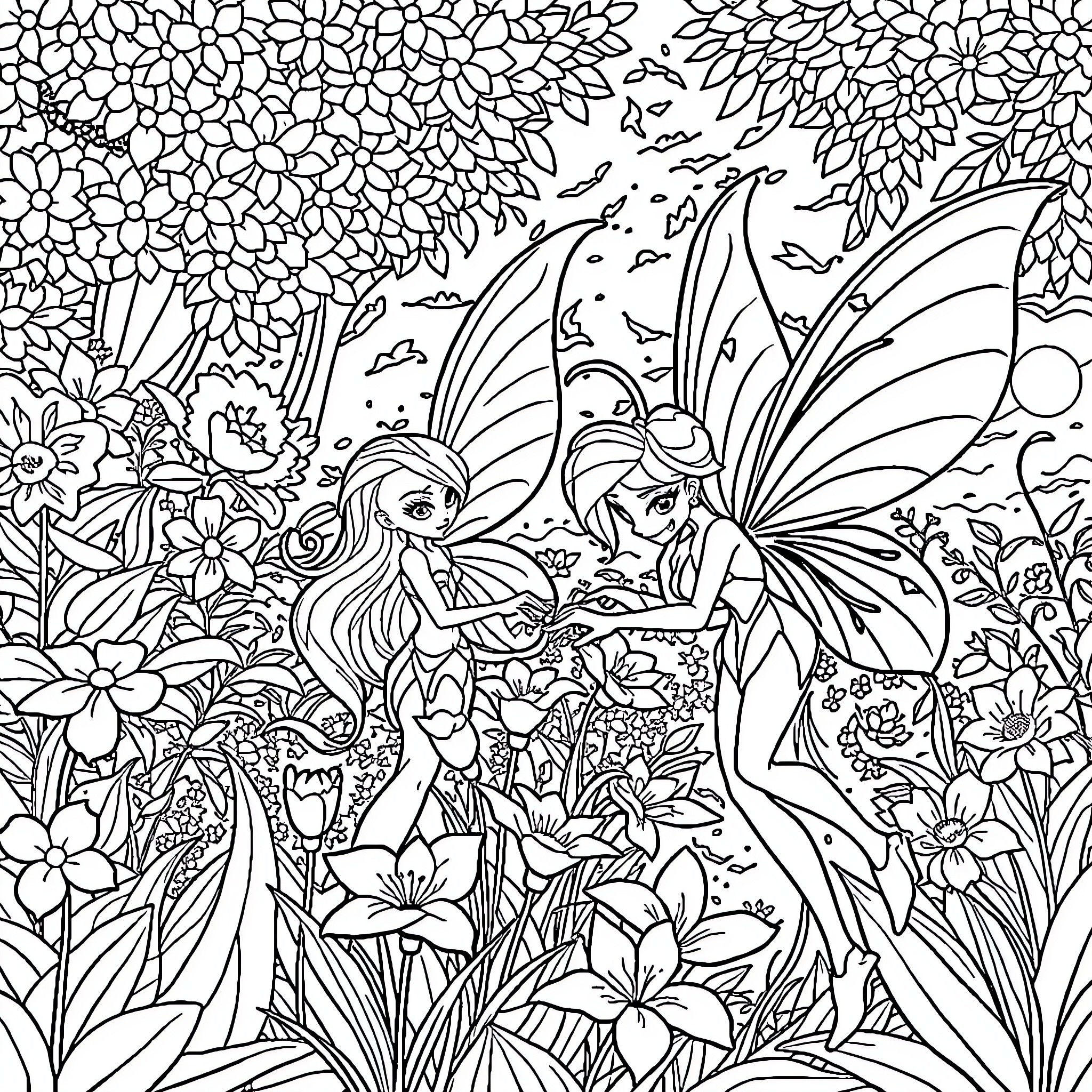 Winx Fairies Exploring the Enchanted Floral Realm Coloring Page (free black-and-white line drawing printable PDF for all, from beginners to advanced learners, including children, teens, adults, and seniors)