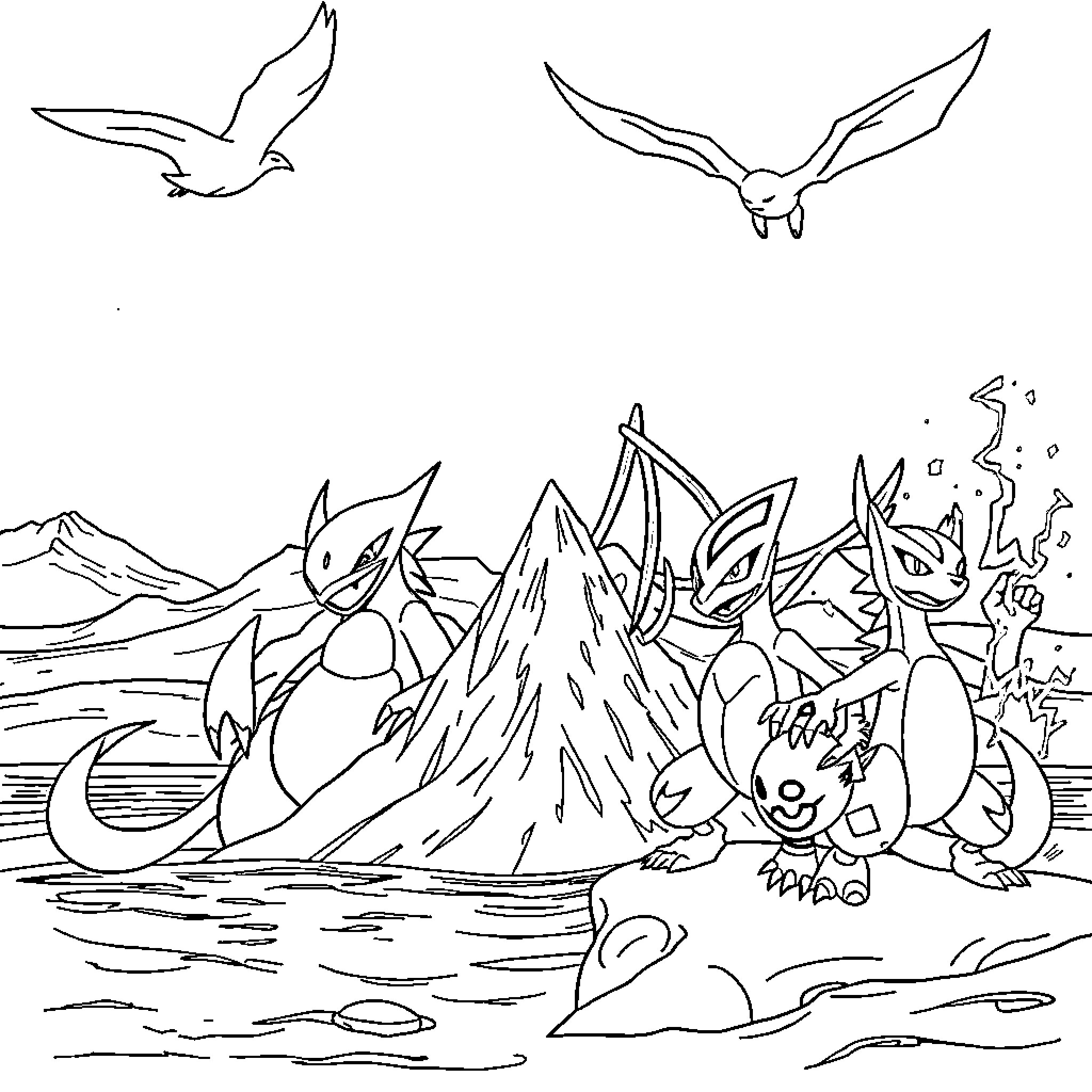 Pokémon playing in a scenic outdoor landscape Coloring Page (free black-and-white line drawing printable PDF for all, from beginners to advanced learners, including children, teens, adults, and seniors)