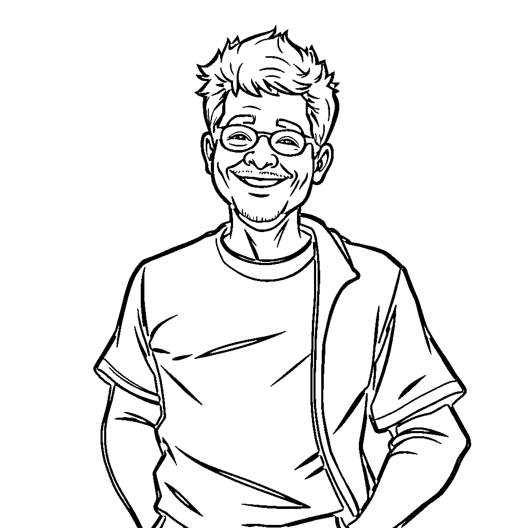 Adult man with casual clothes and cheerful expression Coloring Page (free black-and-white line drawing printable PDF for all, from beginners to advanced learners, including children, teens, adults, and seniors)