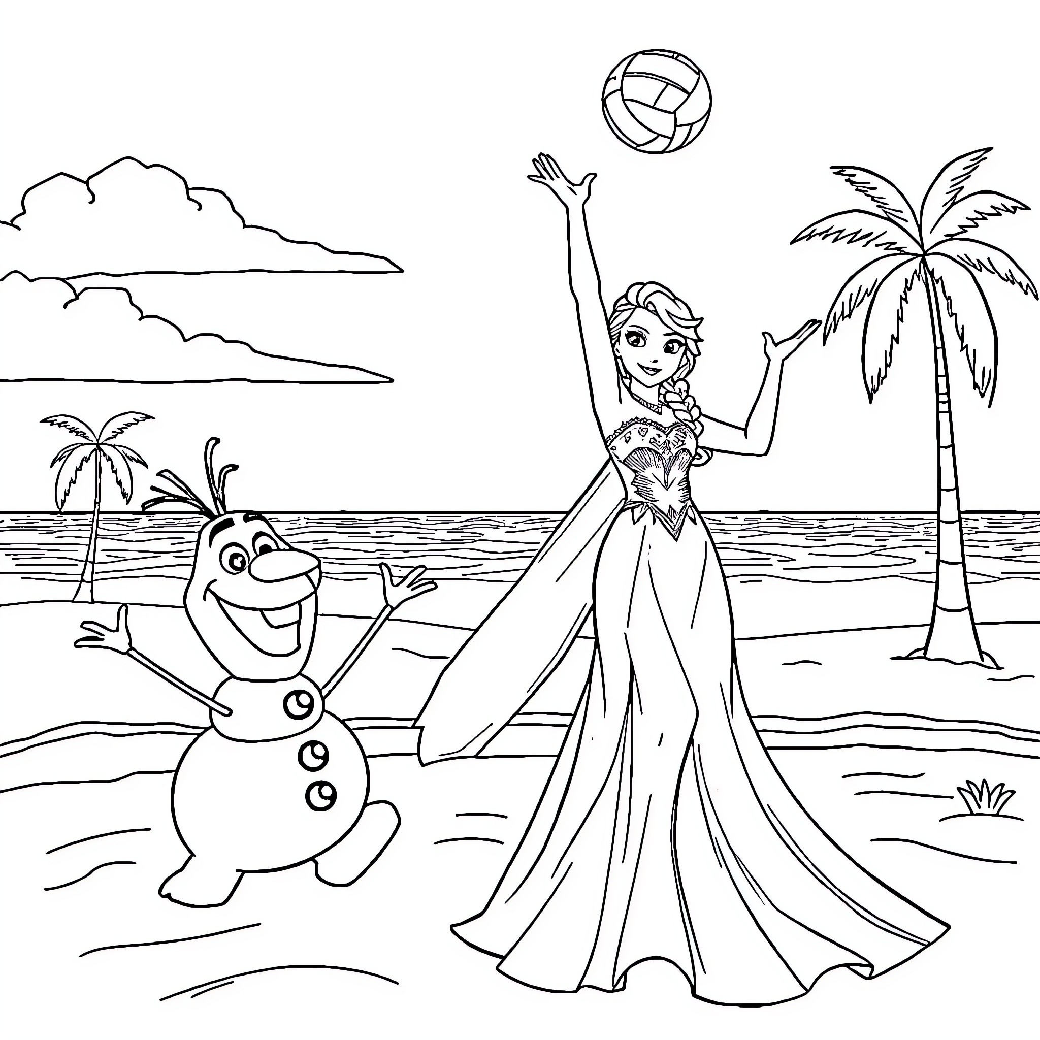 Elsa enjoys a tropical beach day with Olaf Coloring Page (free black-and-white line drawing printable PDF for all, from beginners to advanced learners, including children, teens, adults, and seniors)
