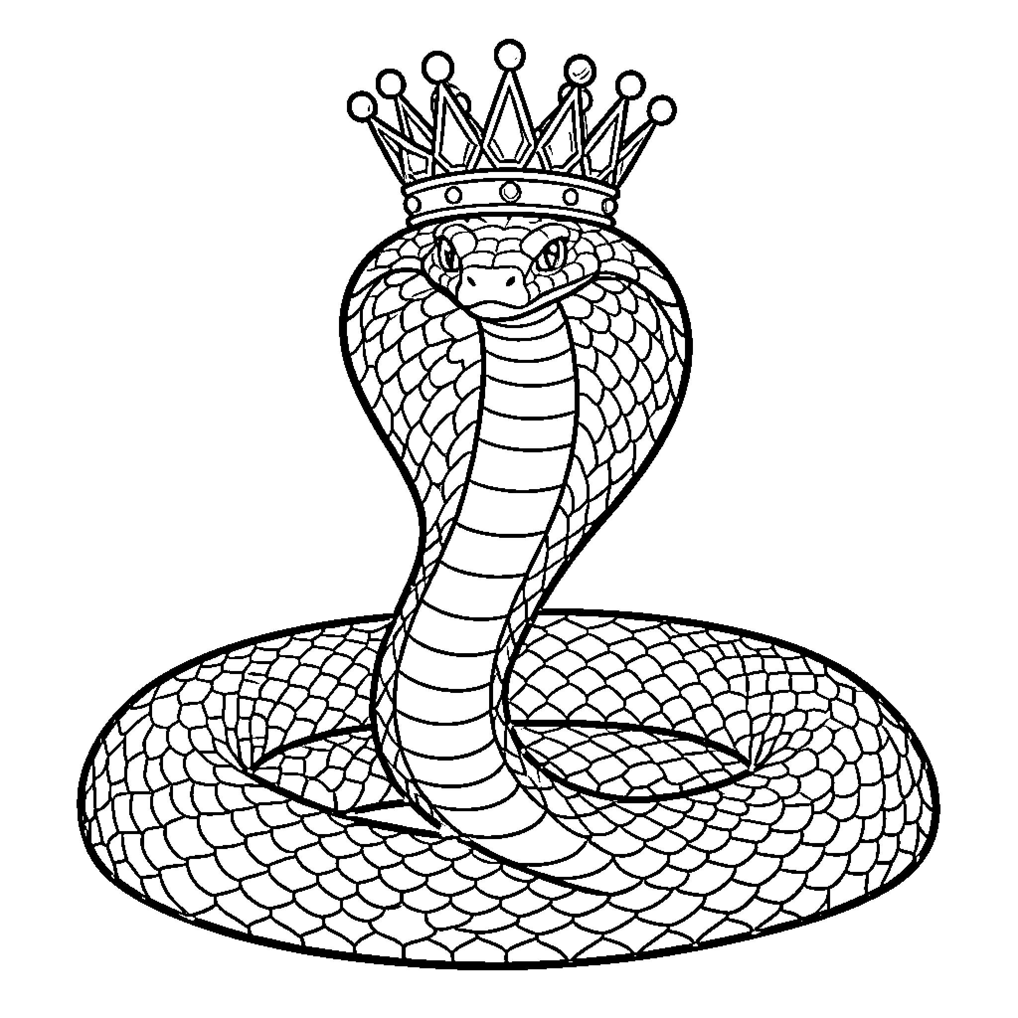 Cobra king snake with ornate crown Coloring Page (free black-and-white line drawing printable PDF for all, from beginners to advanced learners, including children, teens, adults, and seniors)