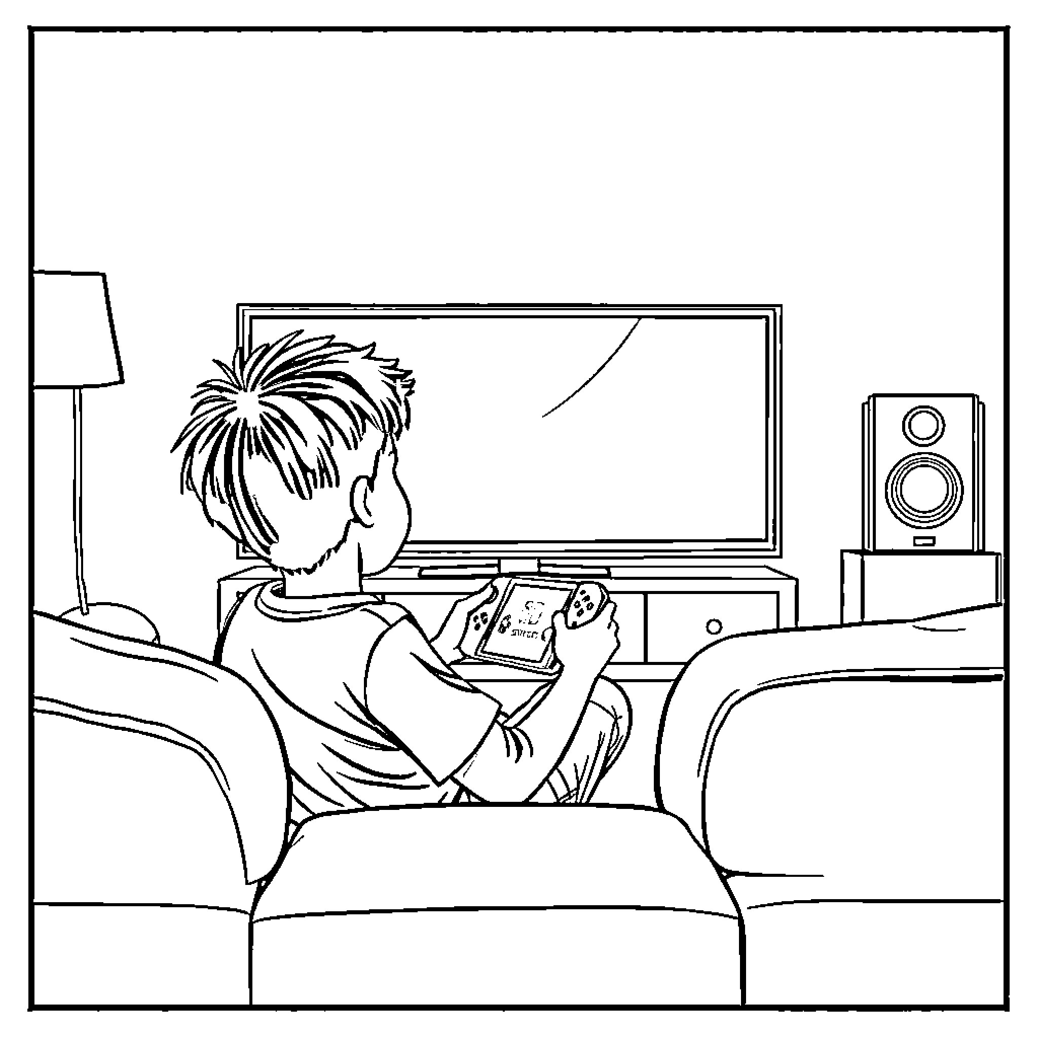 Boy playing video game on TV in living room Coloring Page (free black-and-white line drawing printable PDF for all, from beginners to advanced learners, including children, teens, adults, and seniors)