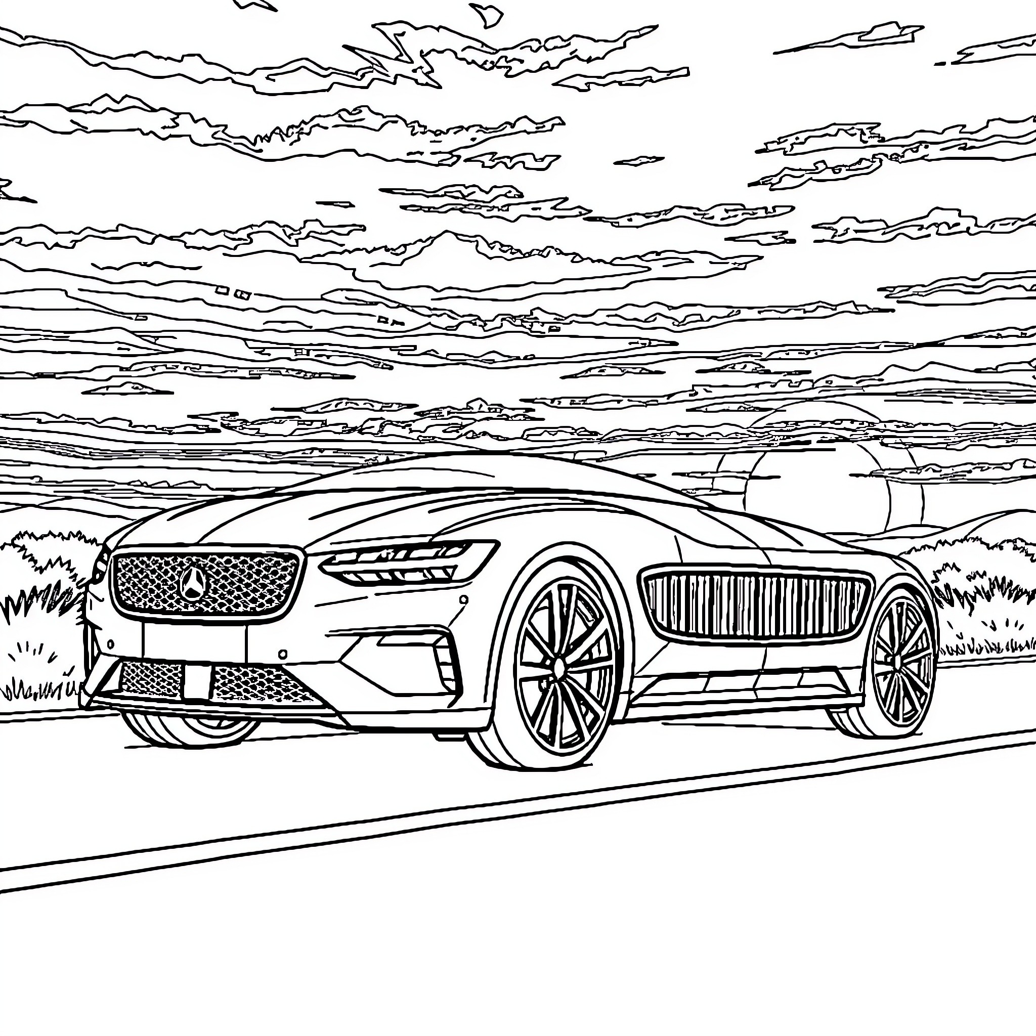 Polestar luxury electric car on scenic road Coloring Page (free black-and-white line drawing printable PDF for all, from beginners to advanced learners, including children, teens, adults, and seniors)