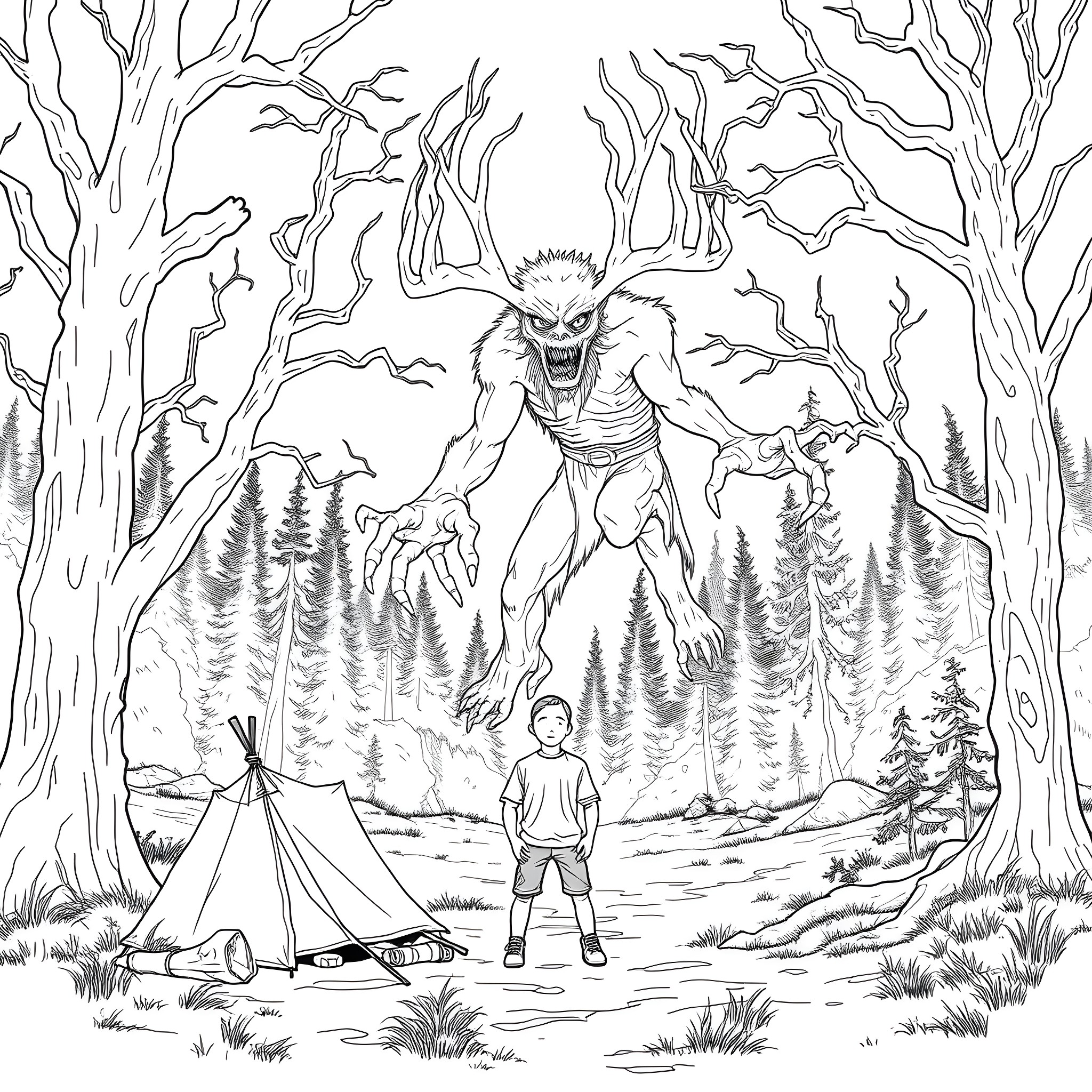 Camper confronting a monstrous creature in the woods Coloring Page (free black-and-white line drawing printable PDF for all, from beginners to advanced learners, including children, teens, adults, and seniors)