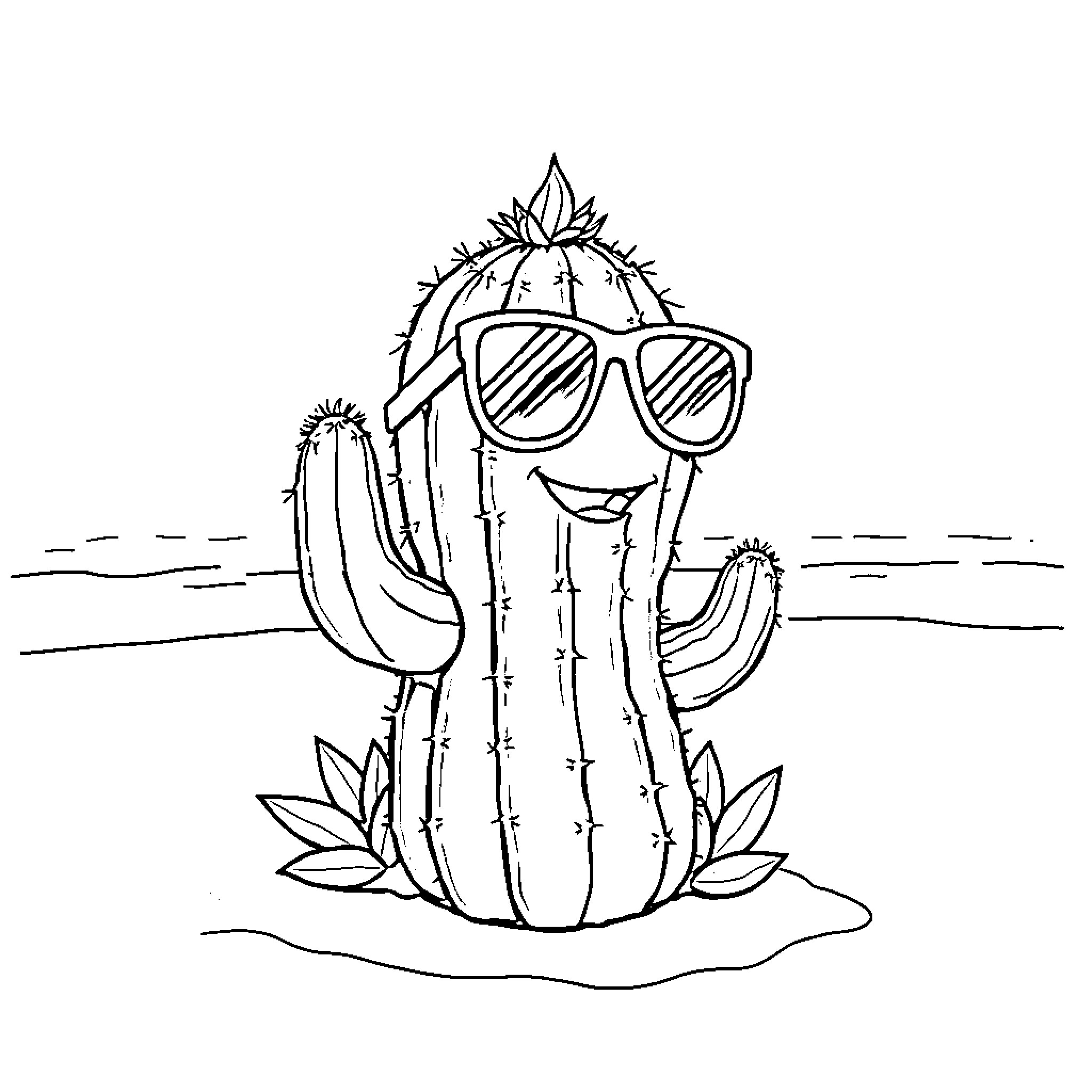 Cactus wearing sunglasses in the desert Coloring Page (free black-and-white line drawing printable PDF for all, from beginners to advanced learners, including children, teens, adults, and seniors)