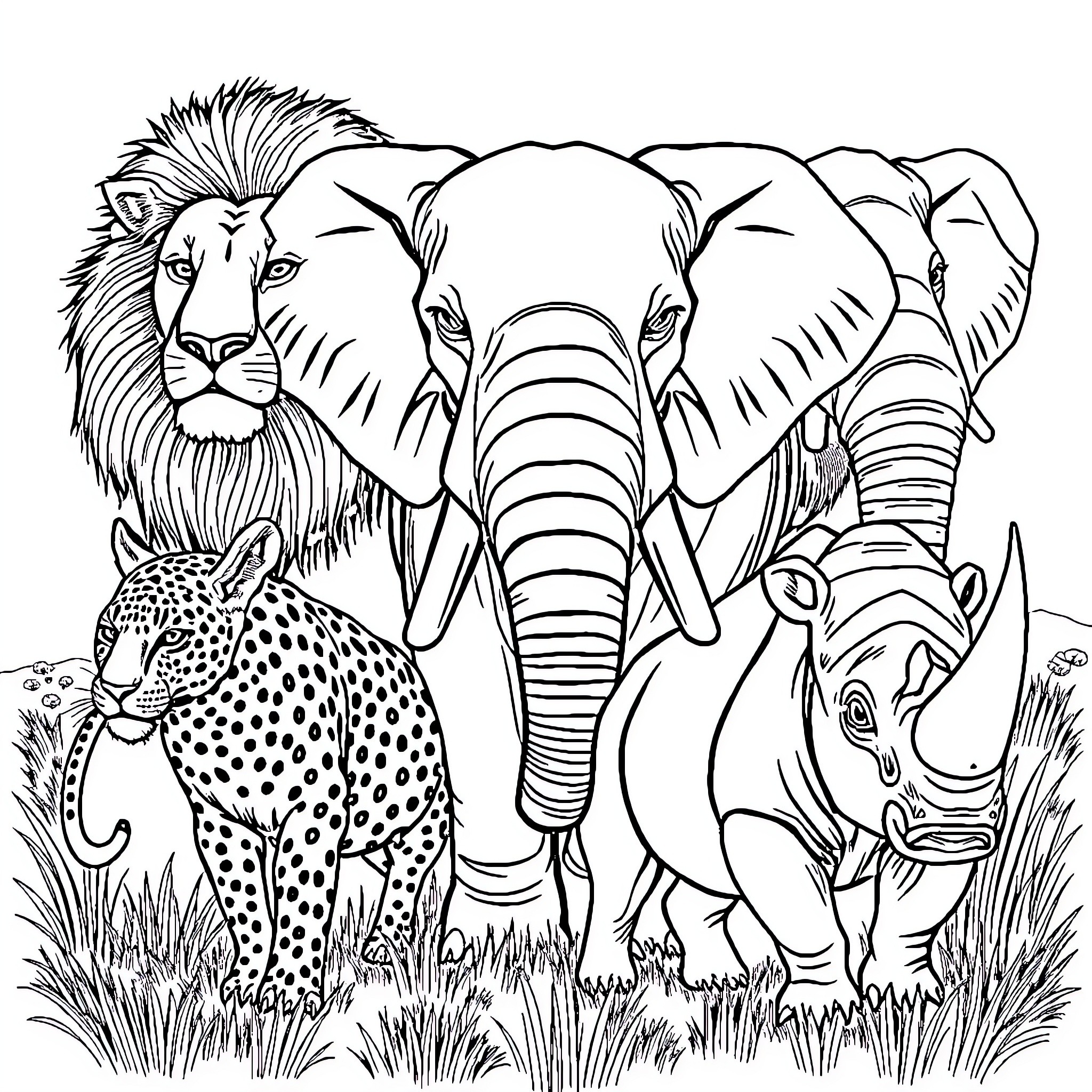 Animal safari with diverse wildlife Coloring Page (free black-and-white line drawing printable PDF for all, from beginners to advanced learners, including children, teens, adults, and seniors)