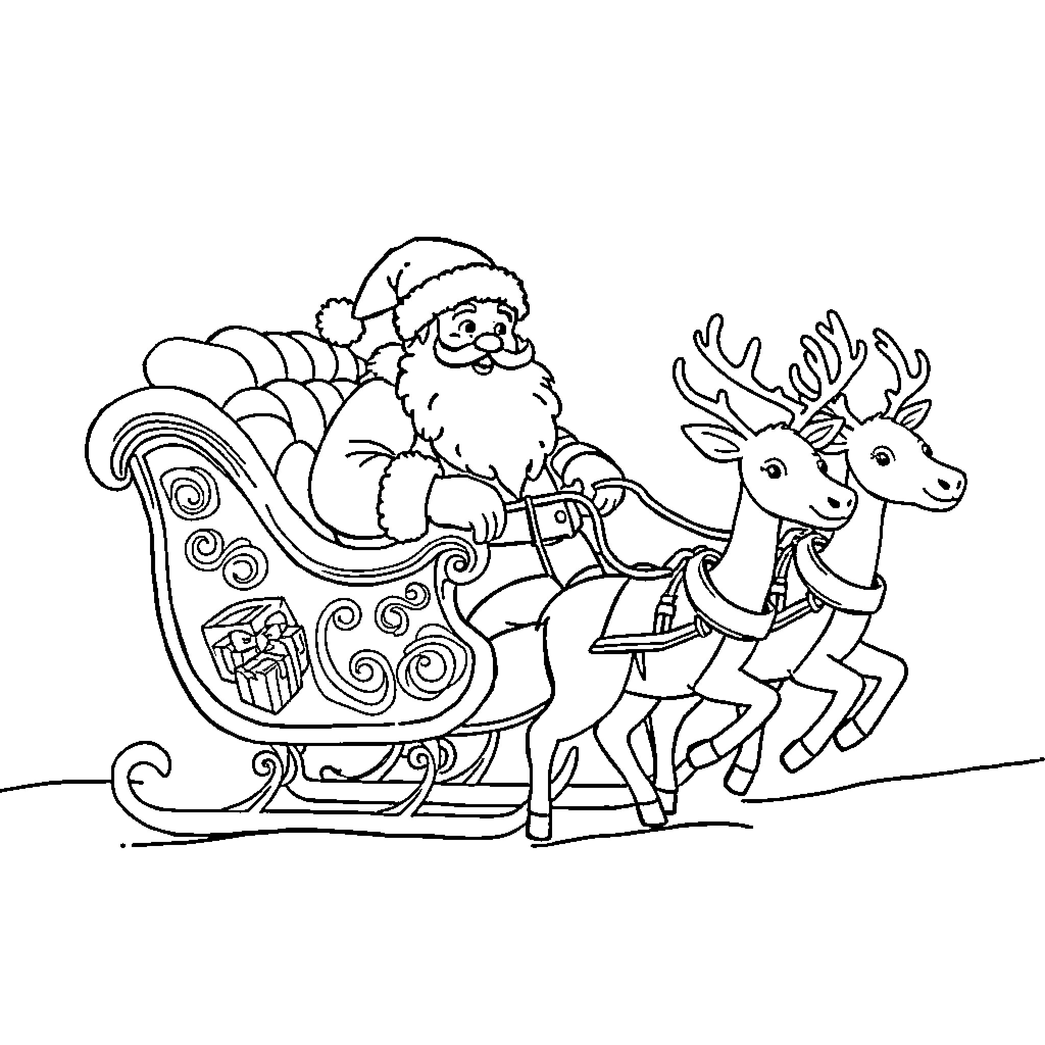 Santa riding his sleigh with reindeer Coloring Page (free black-and-white line drawing printable PDF for all, from beginners to advanced learners, including children, teens, adults, and seniors)