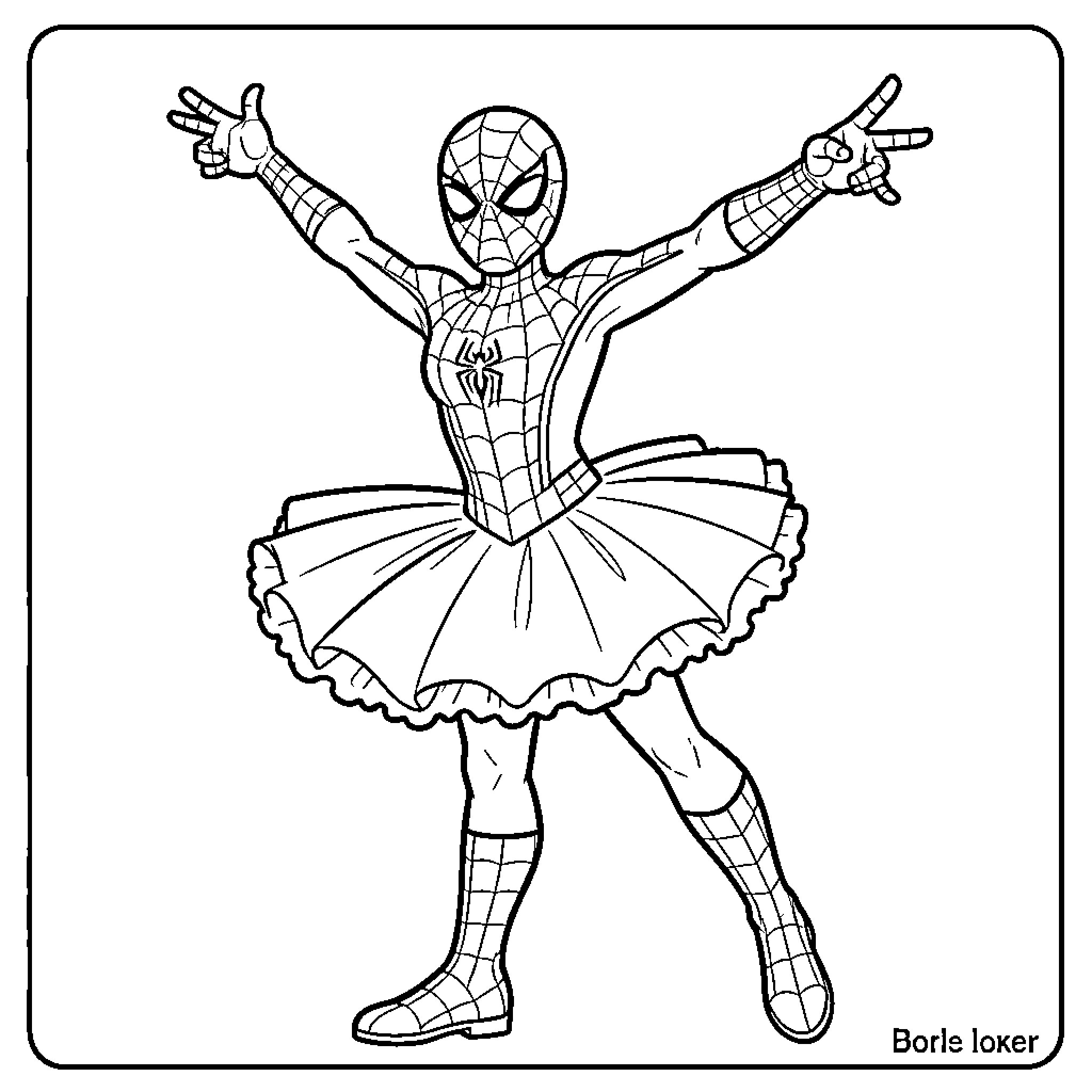 Spiderman wearing a tutu and posing gracefully Coloring Page (free black-and-white line drawing printable PDF for all, from beginners to advanced learners, including children, teens, adults, and seniors)
