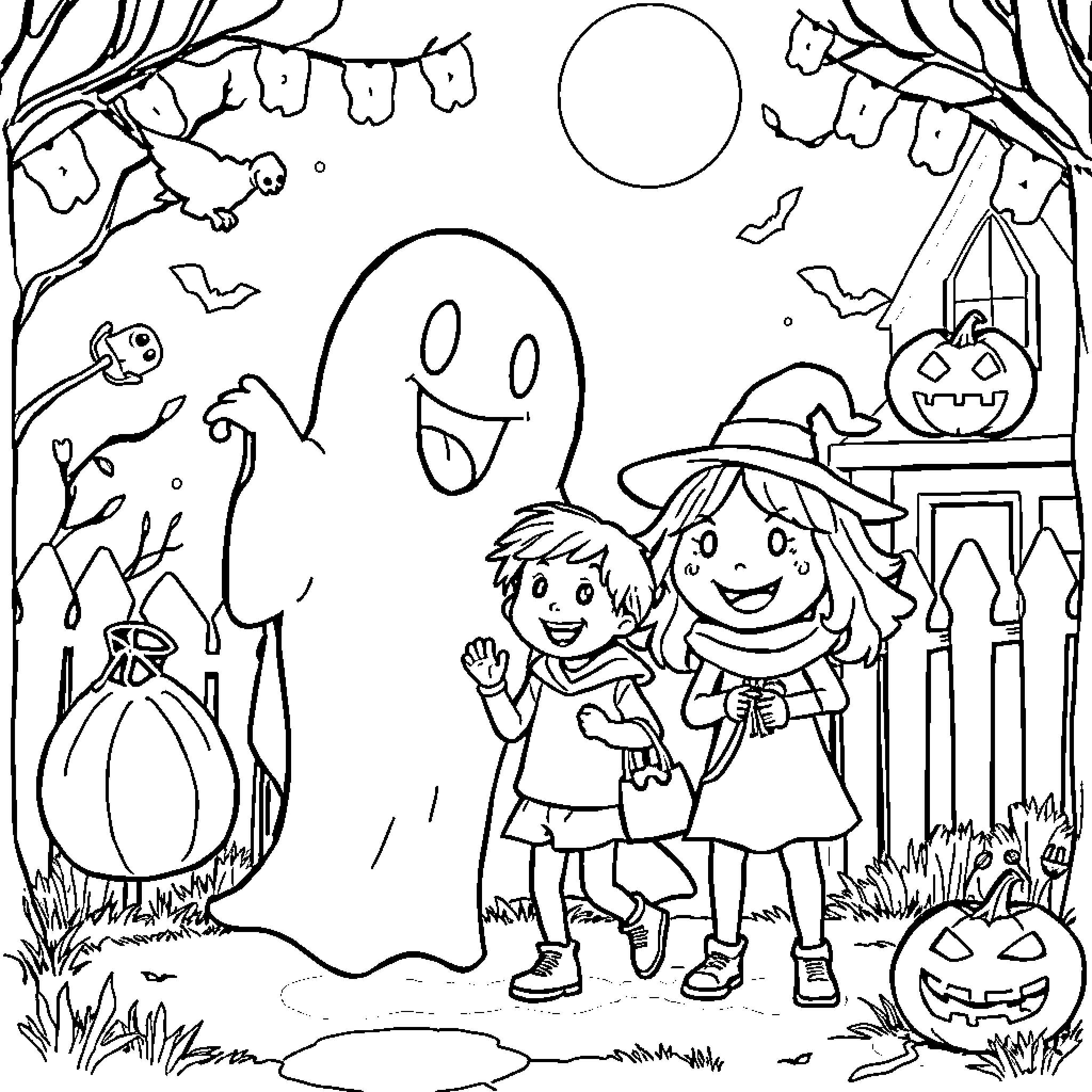 Ghost Kids Trick-or-Treating on Halloween Coloring Page (free black-and-white line drawing printable PDF for all, from beginners to advanced learners, including children, teens, adults, and seniors)