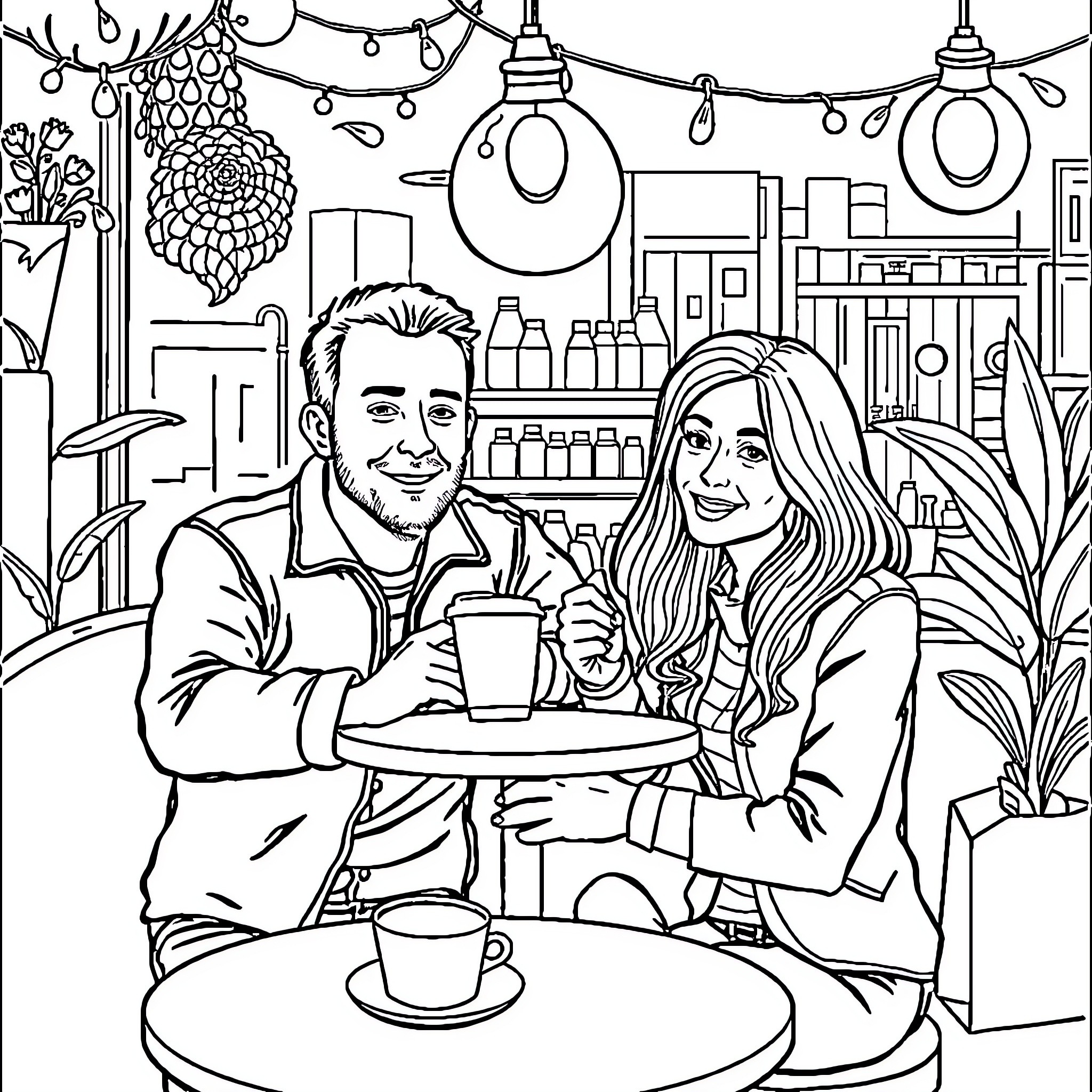 Steve's Cozy Cafe Date with Companion Coloring Page (free black-and-white line drawing printable PDF for all, from beginners to advanced learners, including children, teens, adults, and seniors)