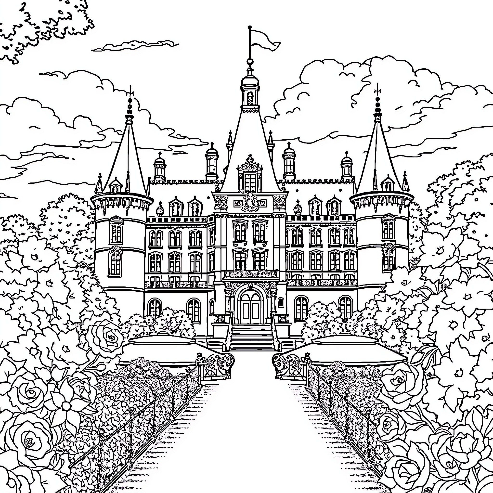 Lion Castle Surrounded by Lush Gardens Coloring Page (free black-and-white line drawing printable PDF for all, from beginners to advanced learners, including children, teens, adults, and seniors)