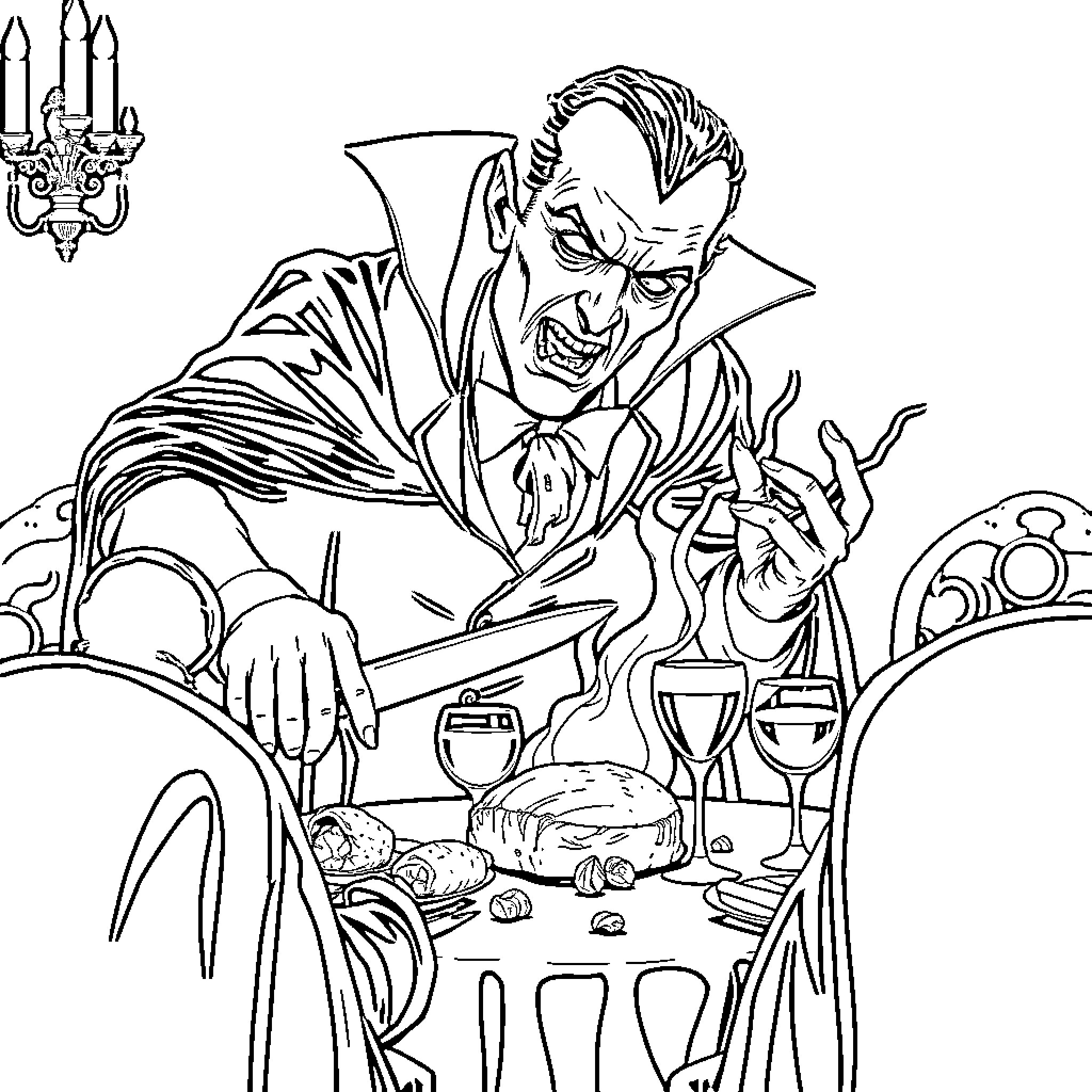 Dracula feasting at his lair with dark accessories Coloring Page (free black-and-white line drawing printable PDF for all, from beginners to advanced learners, including children, teens, adults, and seniors)