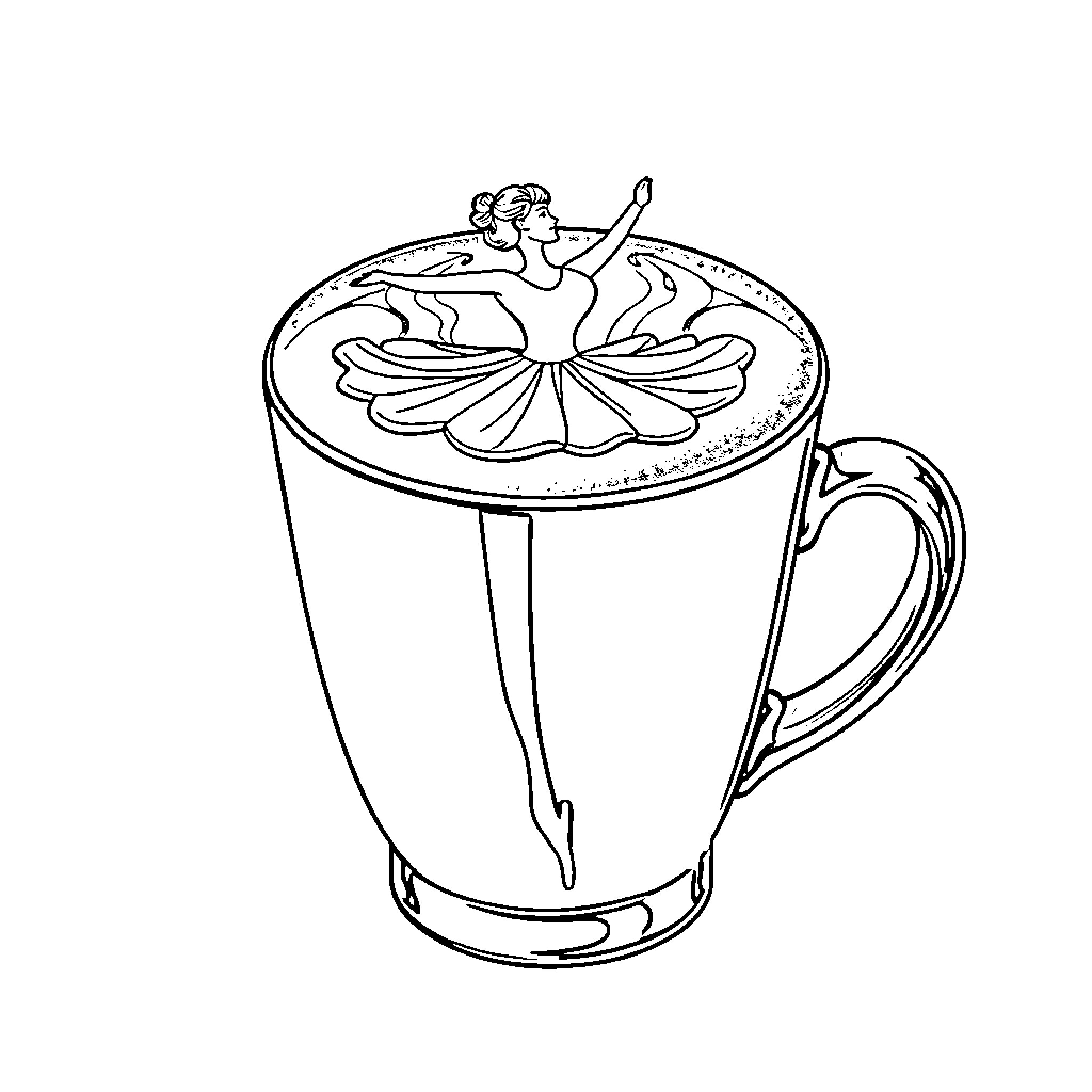 Ballerina dancing gracefully in a cup of coffee Coloring Page (free black-and-white line drawing printable PDF for all, from beginners to advanced learners, including children, teens, adults, and seniors)