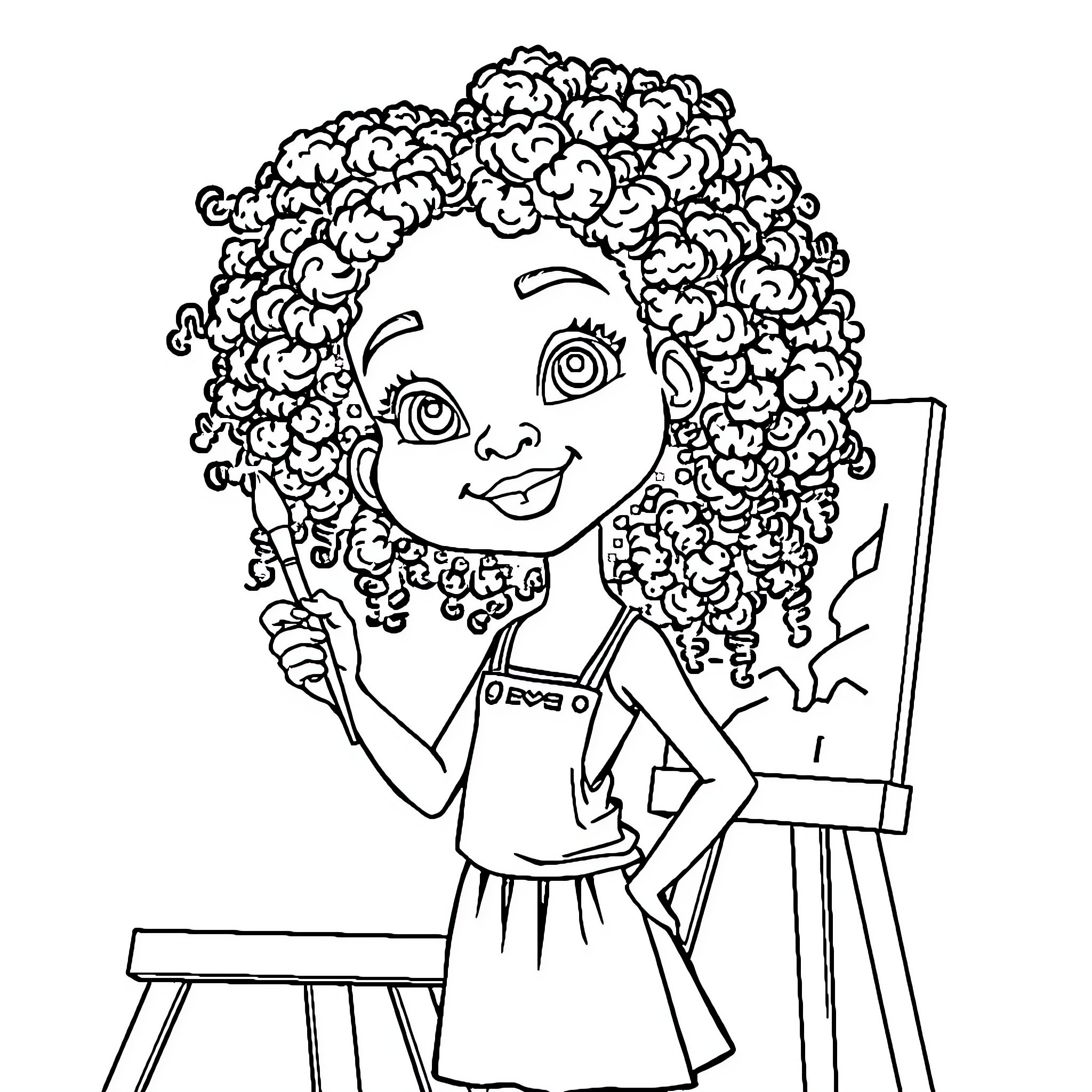 Girl painting happily with her curly hair Coloring Page (free black-and-white line drawing printable PDF for all, from beginners to advanced learners, including children, teens, adults, and seniors)