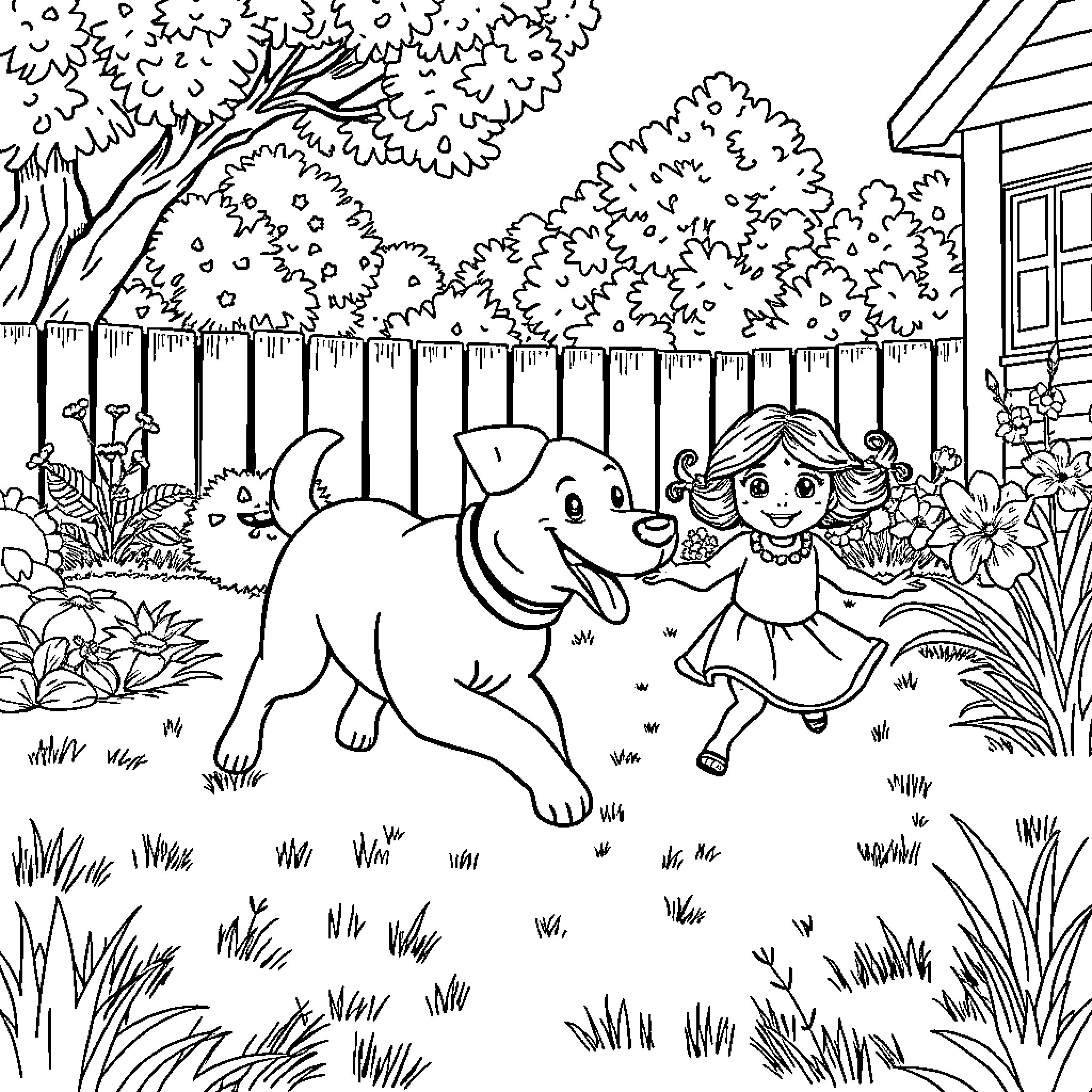Dog Chasing Girl in Backyard Coloring Page (free black-and-white line drawing printable PDF for all, from beginners to advanced learners, including children, teens, adults, and seniors)