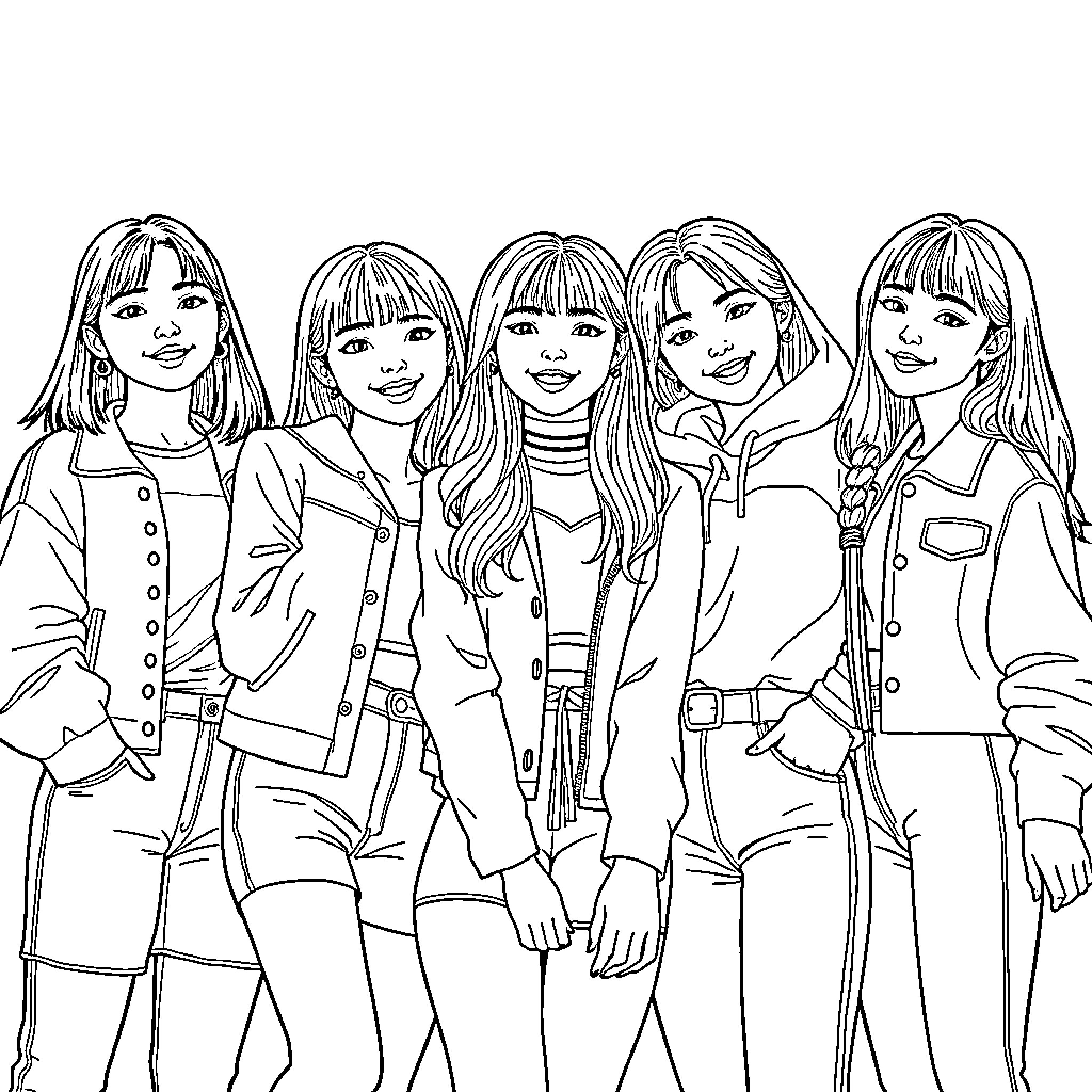 Singer group posing together in casual outfits Coloring Page (free black-and-white line drawing printable PDF for all, from beginners to advanced learners, including children, teens, adults, and seniors)