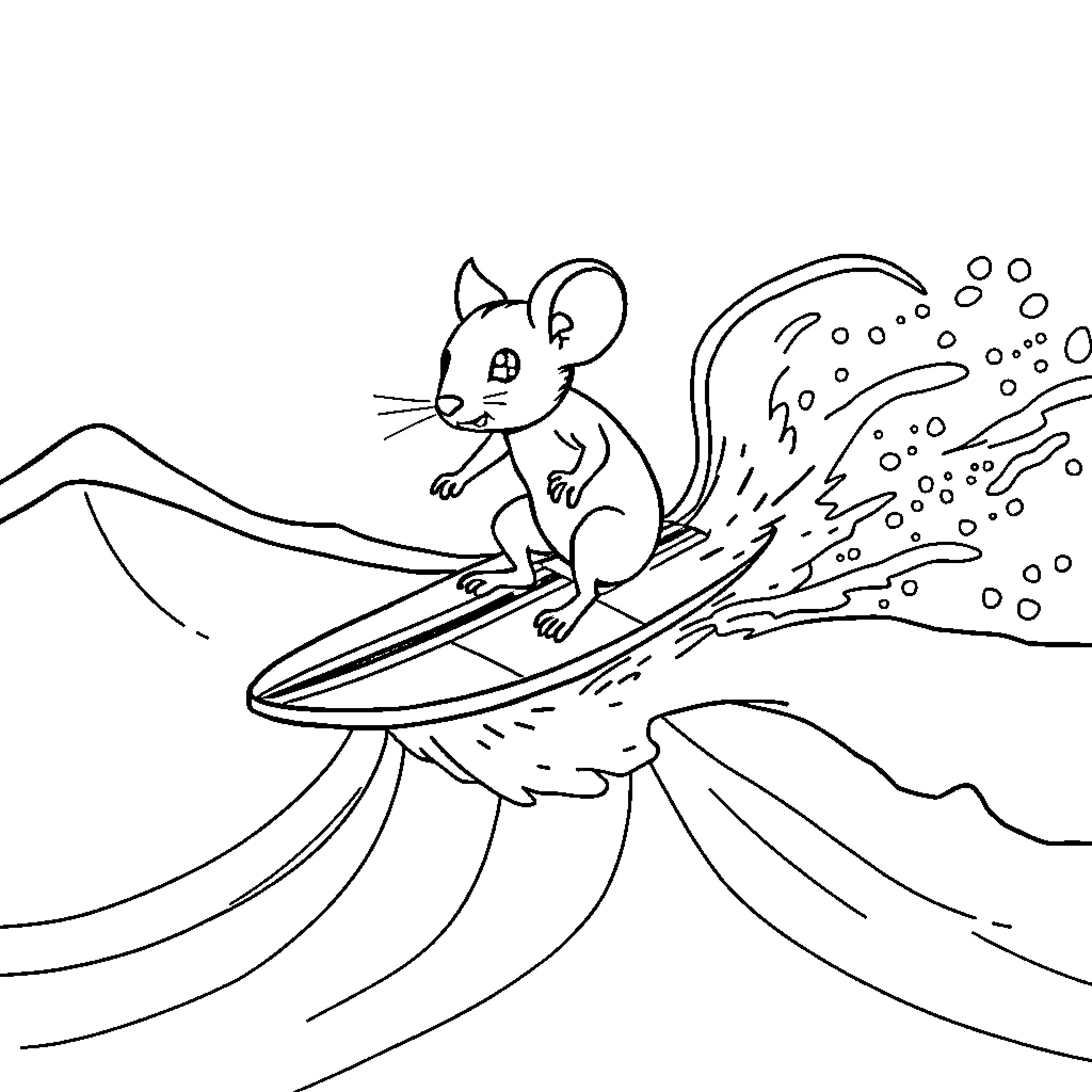 Mouse surfing on a wave Coloring Page (free black-and-white line drawing printable PDF for all, from beginners to advanced learners, including children, teens, adults, and seniors)