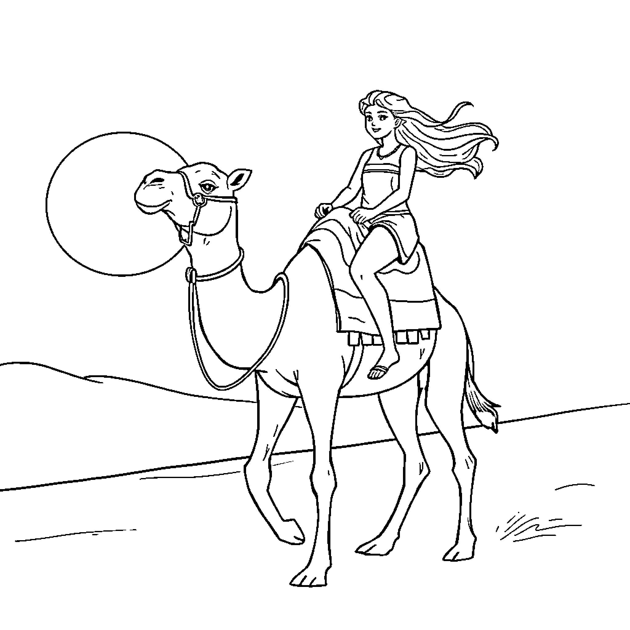 Liv Morgan riding a camel in the desert Coloring Page (free black-and-white line drawing printable PDF for all, from beginners to advanced learners, including children, teens, adults, and seniors)