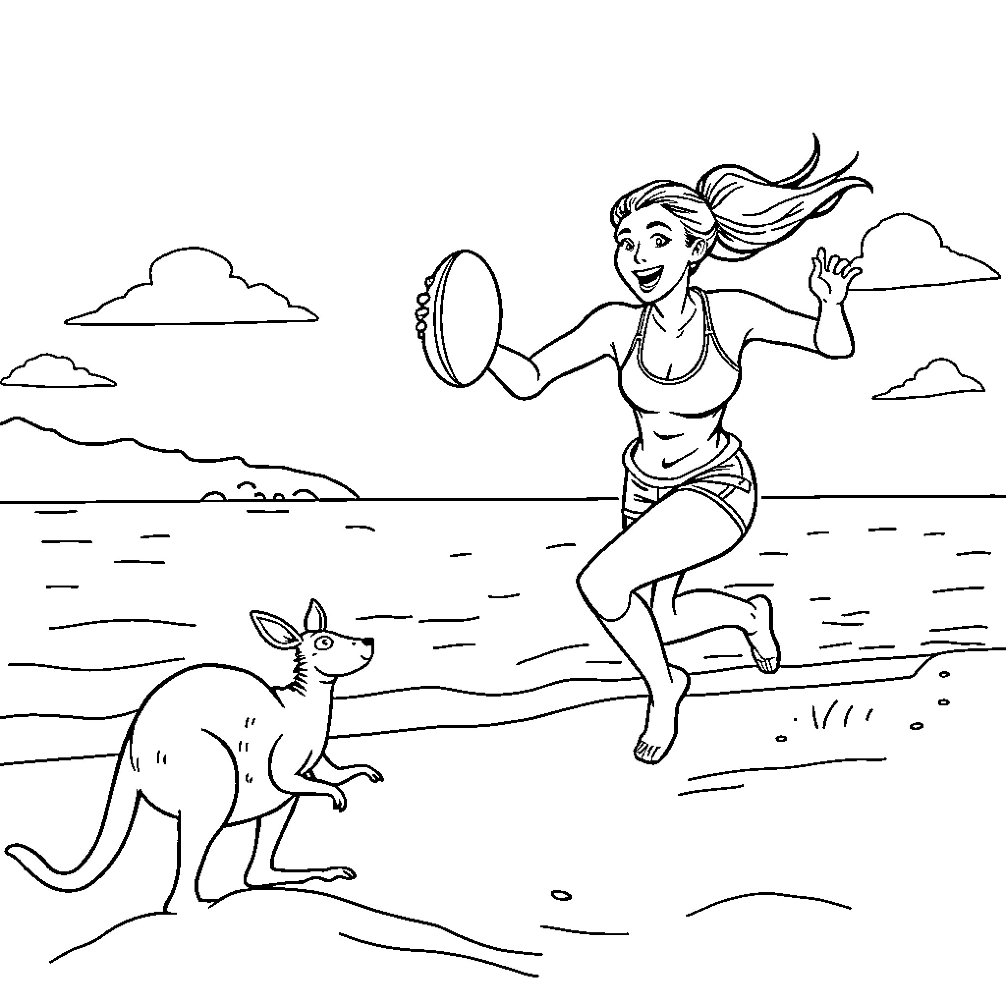 Rugby Player Running Joyfully on the Beach Coloring Page (free black-and-white line drawing printable PDF for all, from beginners to advanced learners, including children, teens, adults, and seniors)