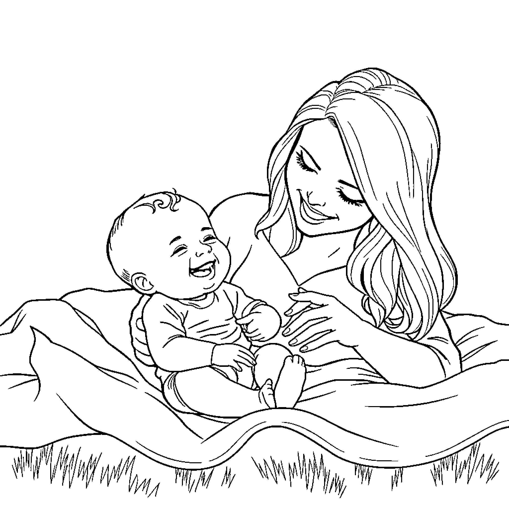 Baby smiling with loving mother on grass Coloring Page (free black-and-white line drawing printable PDF for all, from beginners to advanced learners, including children, teens, adults, and seniors)