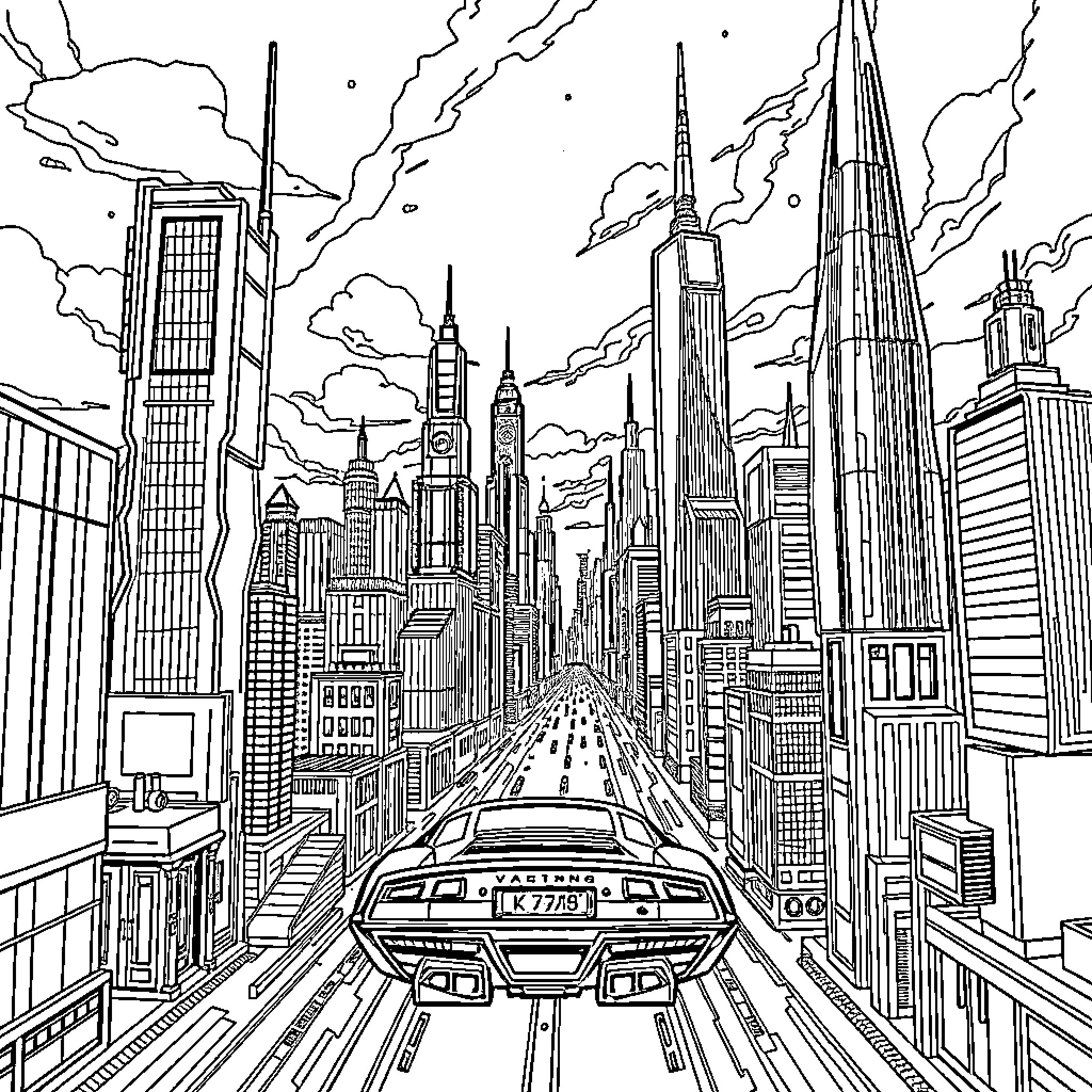 City skyline with futuristic elevated train Coloring Page (free black-and-white line drawing printable PDF for all, from beginners to advanced learners, including children, teens, adults, and seniors)