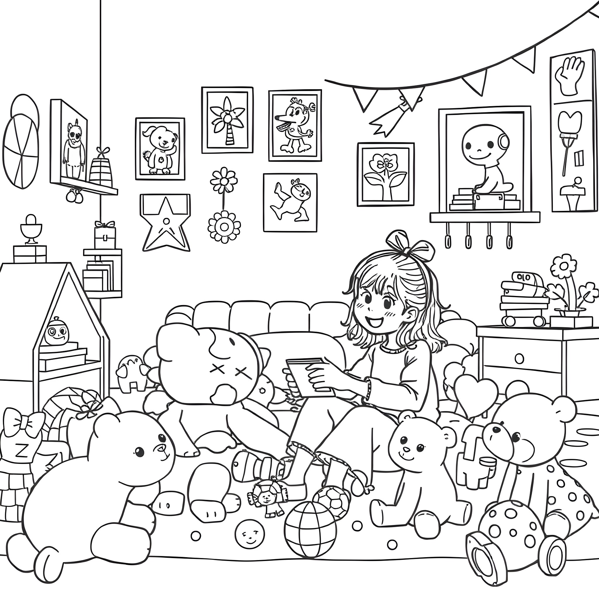 Girl playing with stuffed animals in her room Coloring Page (free black-and-white line drawing printable PDF for all, from beginners to advanced learners, including children, teens, adults, and seniors)