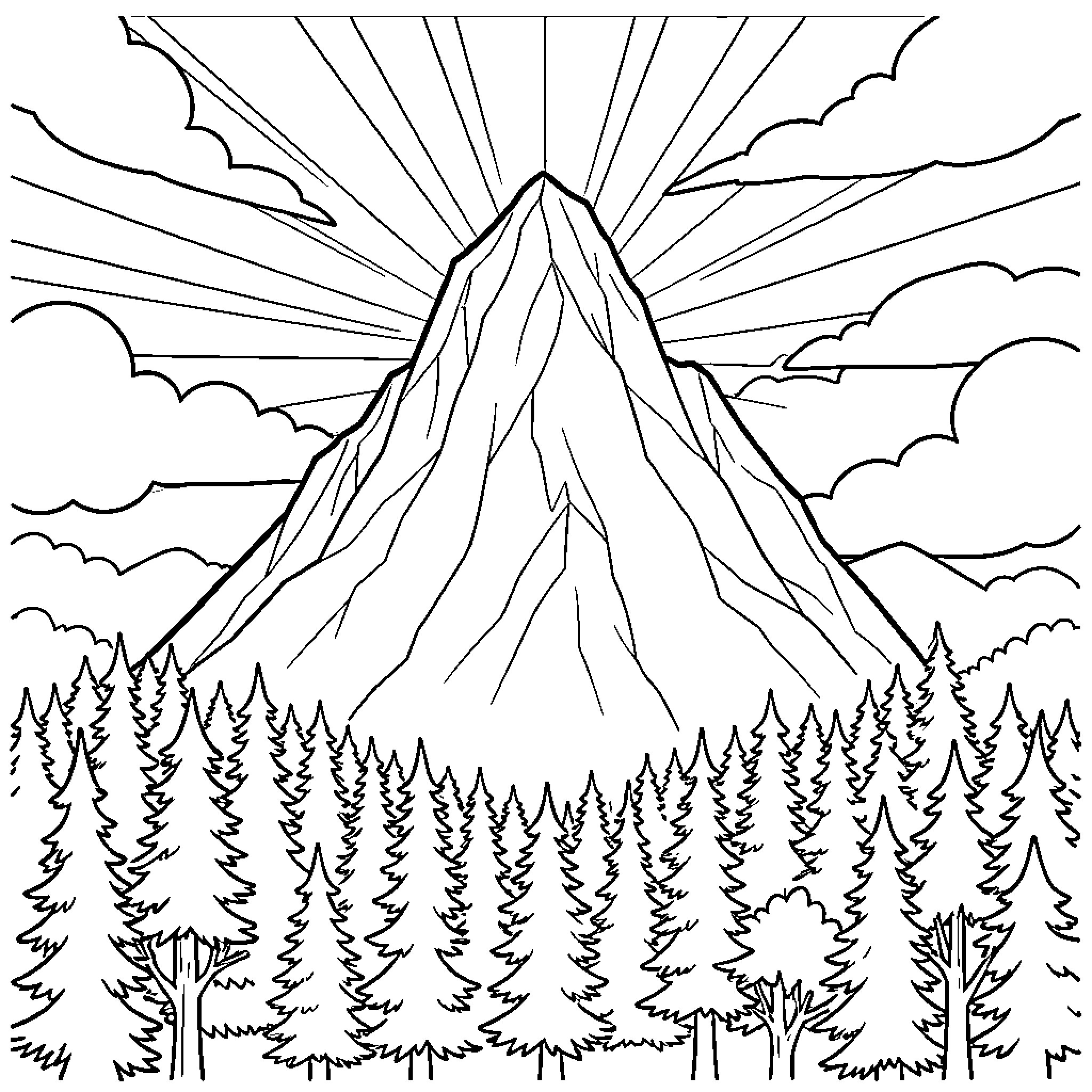 Mountain standing tall amidst a forest under the sun Coloring Page (free black-and-white line drawing printable PDF for all, from beginners to advanced learners, including children, teens, adults, and seniors)