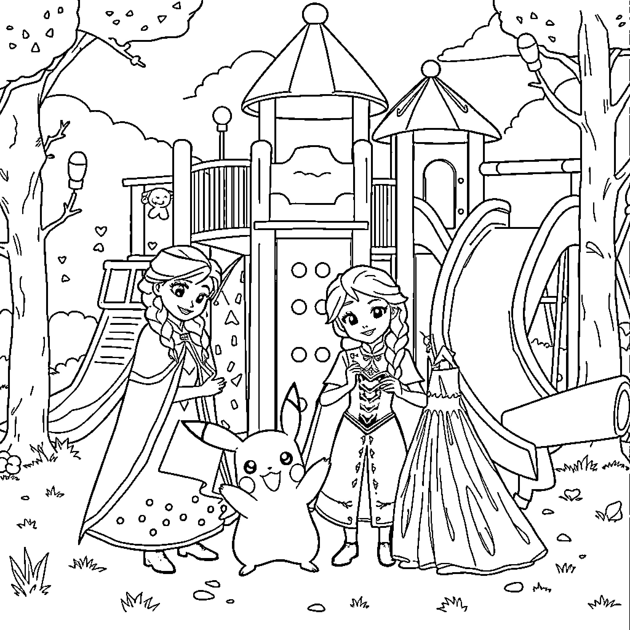 Pikachu playing with cartoon characters in a fantasy playground Coloring Page (free black-and-white line drawing printable PDF for all, from beginners to advanced learners, including children, teens, adults, and seniors)