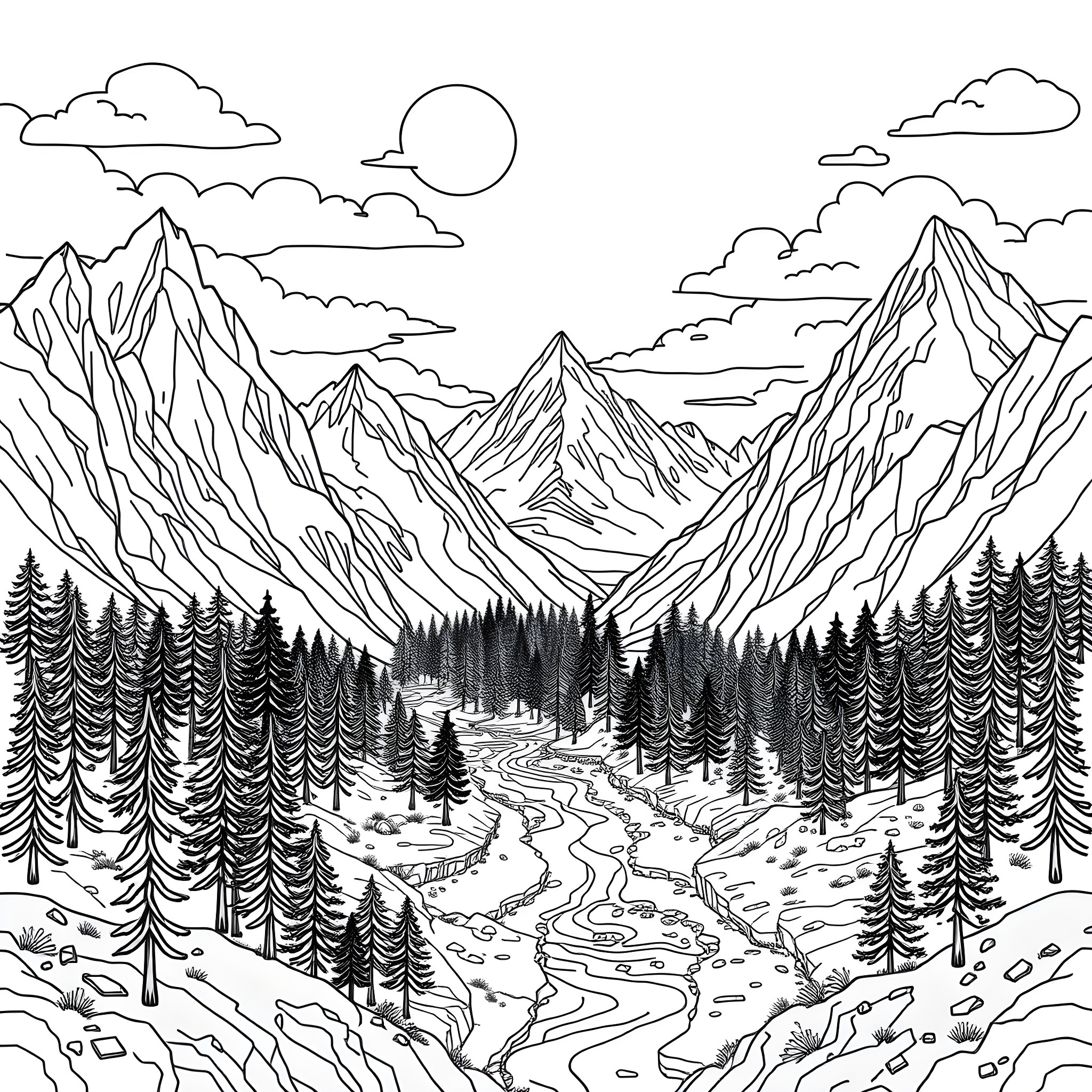 Minecraft Snowy Mountain Landscape Coloring Page (free black-and-white line drawing printable PDF for all, from beginners to advanced learners, including children, teens, adults, and seniors)