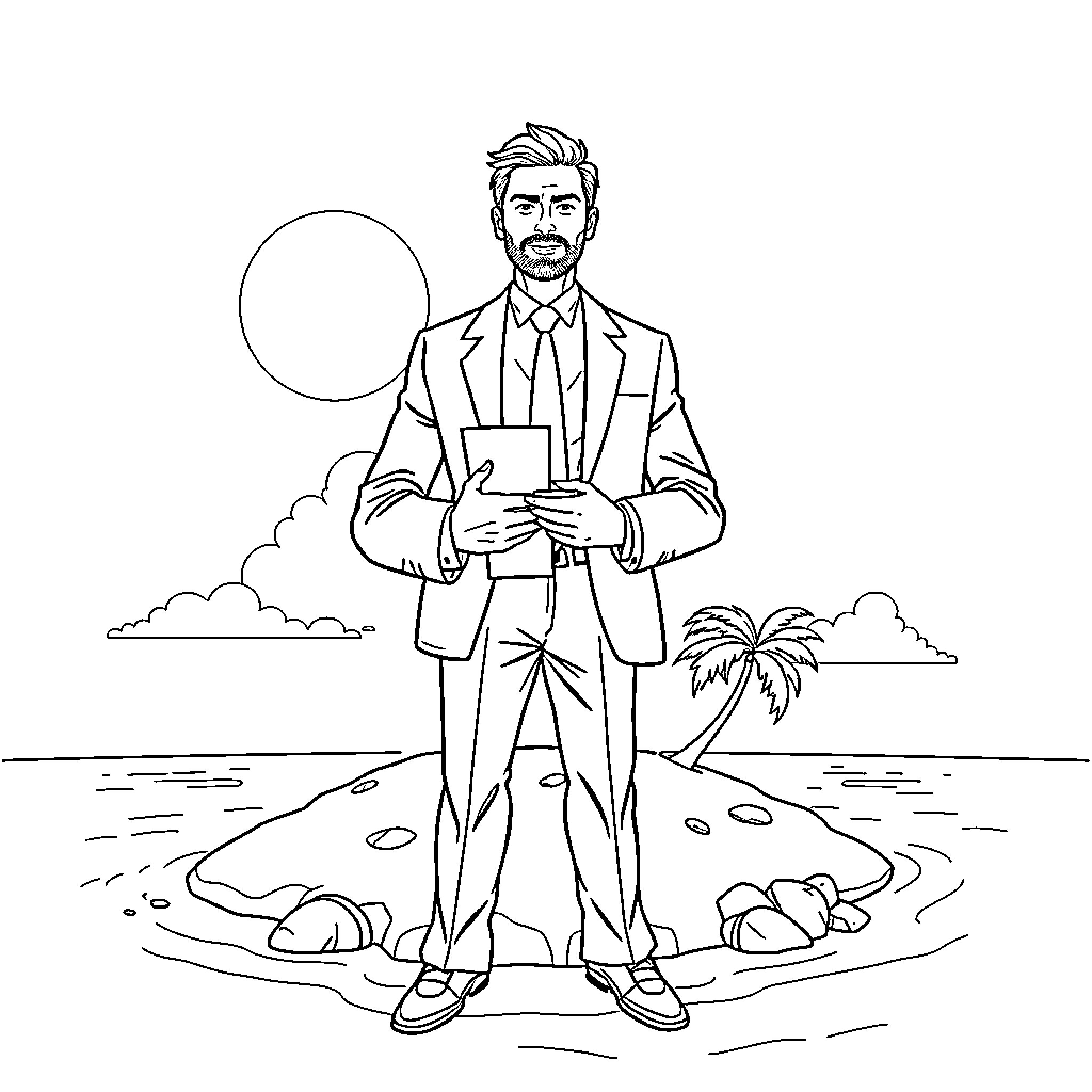 Businessman standing confidently on a tropical beach Coloring Page (free black-and-white line drawing printable PDF for all, from beginners to advanced learners, including children, teens, adults, and seniors)