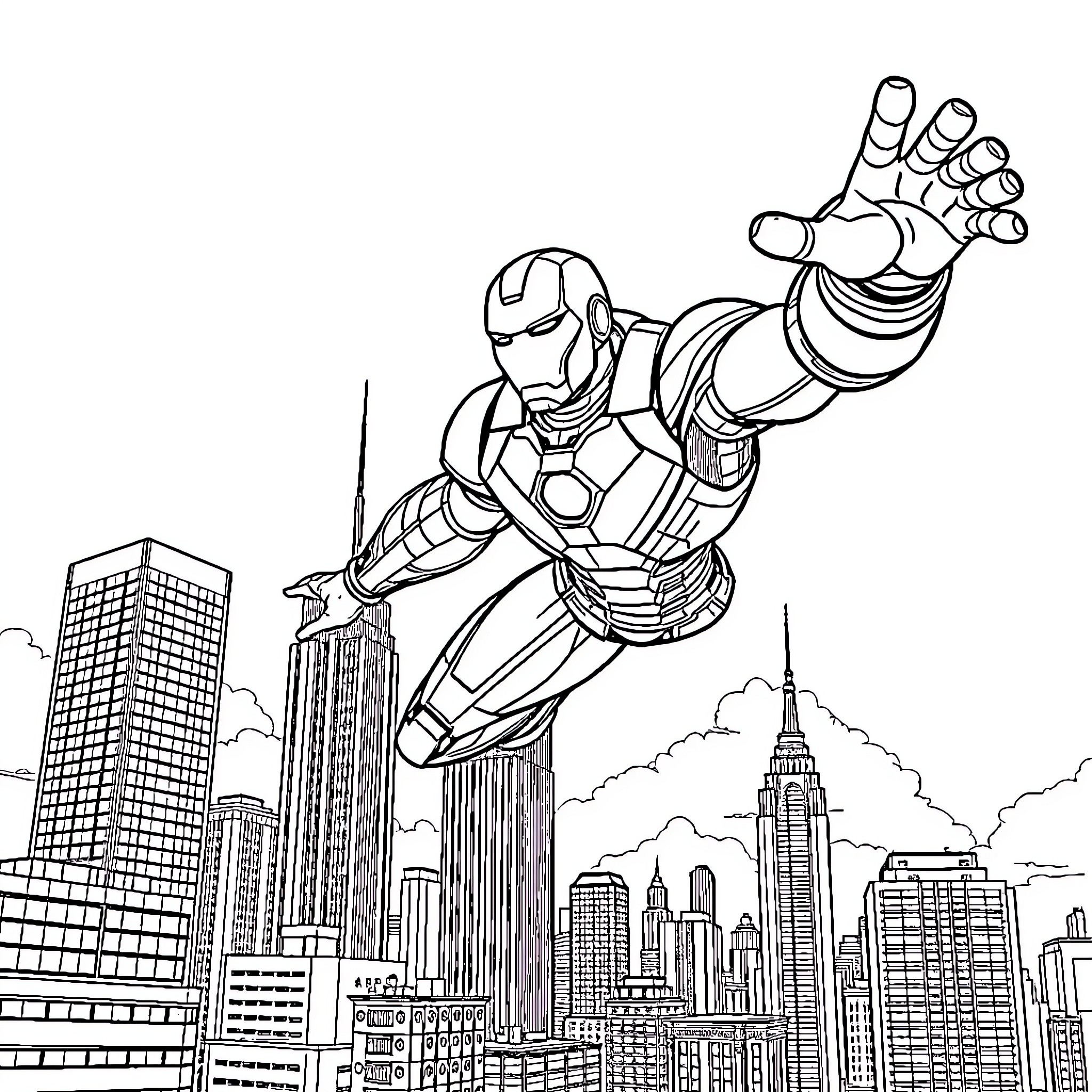 Ironman in heroic action over city skyline Coloring Page (free black-and-white line drawing printable PDF for all, from beginners to advanced learners, including children, teens, adults, and seniors)