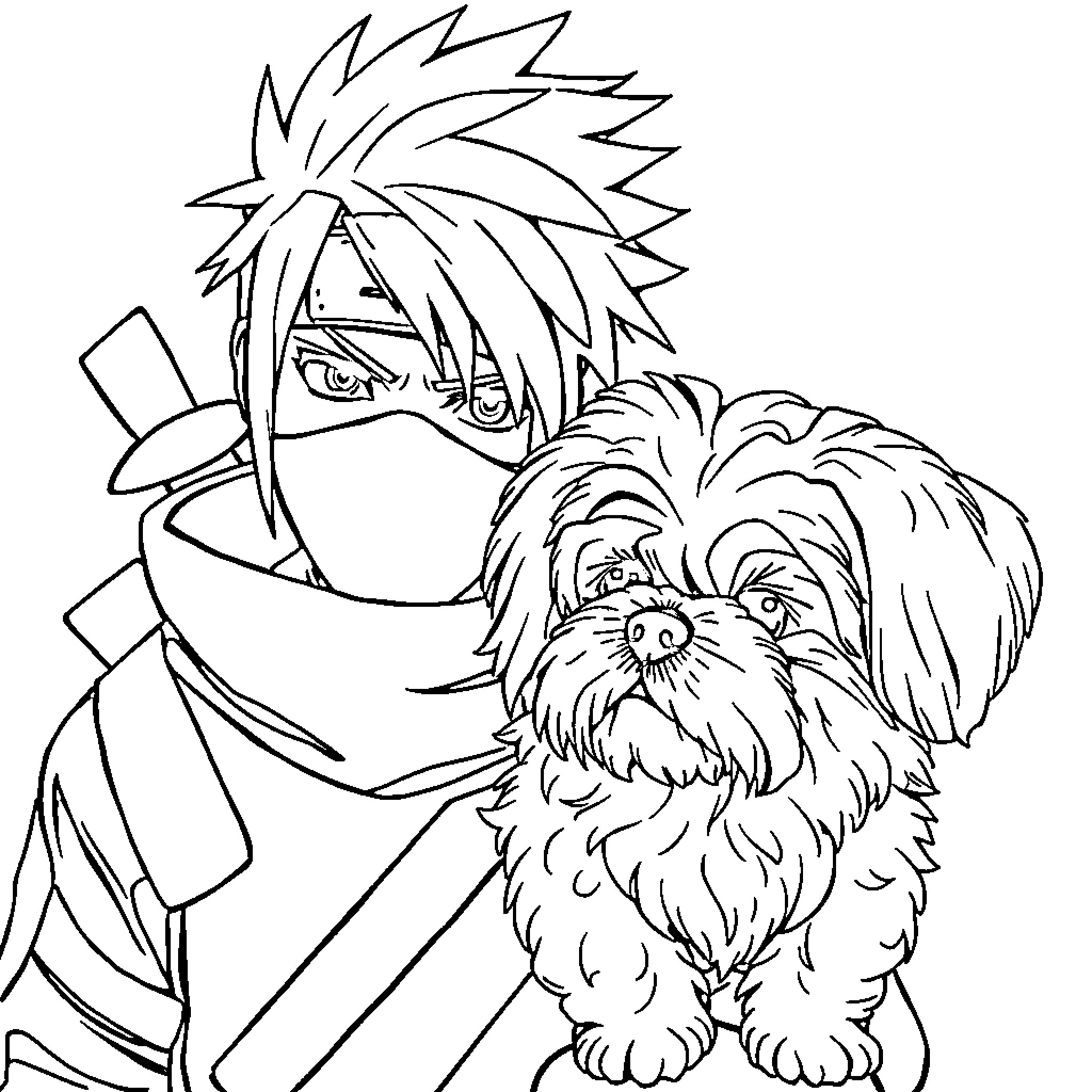 Kakashi and his loyal companion Coloring Page (free black-and-white line drawing printable PDF for all, from beginners to advanced learners, including children, teens, adults, and seniors)
