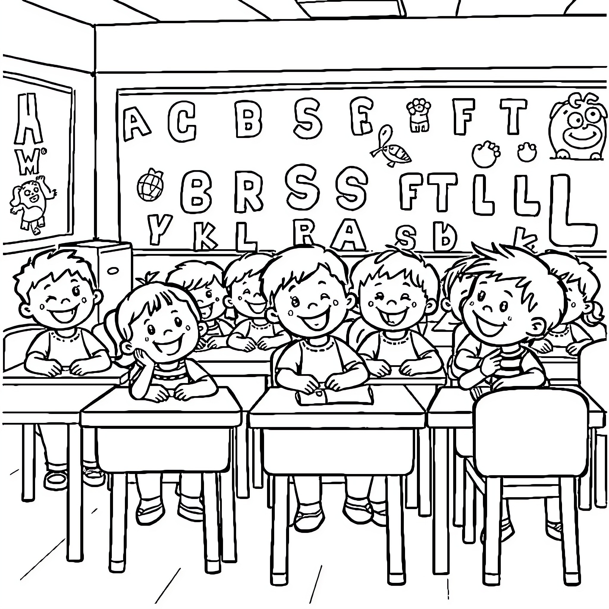 Alphabet classroom with happy students Coloring Page (free black-and-white line drawing printable PDF for all, from beginners to advanced learners, including children, teens, adults, and seniors)