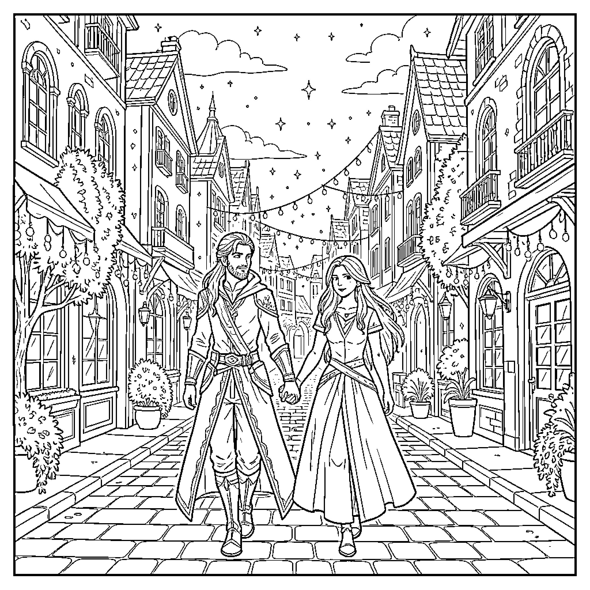 Rhyss and Feyre's Romantic Stroll through the Enchanted Town Coloring Page (free black-and-white line drawing printable PDF for all, from beginners to advanced learners, including children, teens, adults, and seniors)