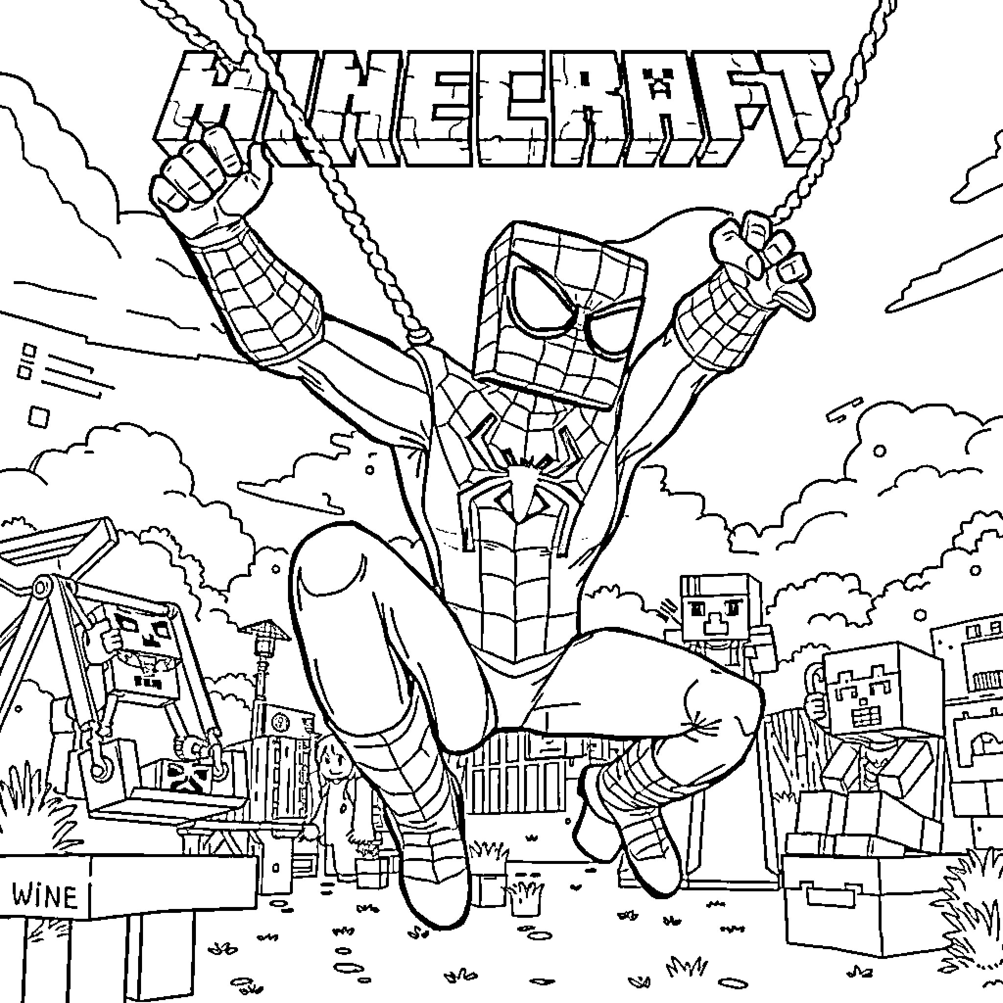 Spider-Man swinging heroically over the city Coloring Page (free black-and-white line drawing printable PDF for all, from beginners to advanced learners, including children, teens, adults, and seniors)