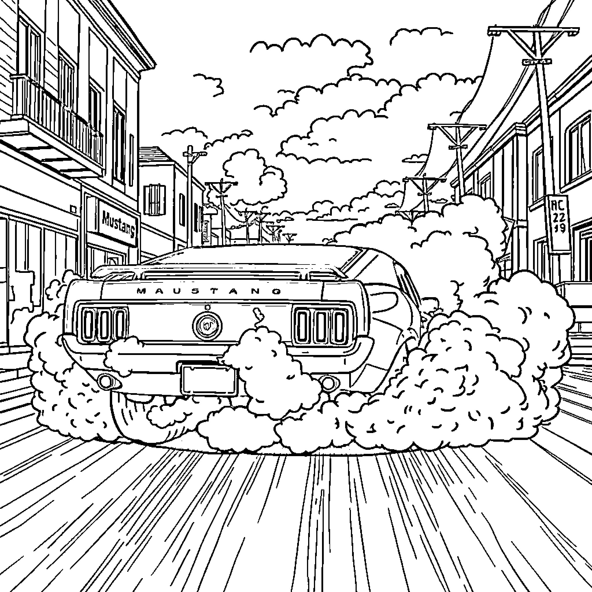 Mustang speeding through town in a cloud of dust Coloring Page (free black-and-white line drawing printable PDF for all, from beginners to advanced learners, including children, teens, adults, and seniors)