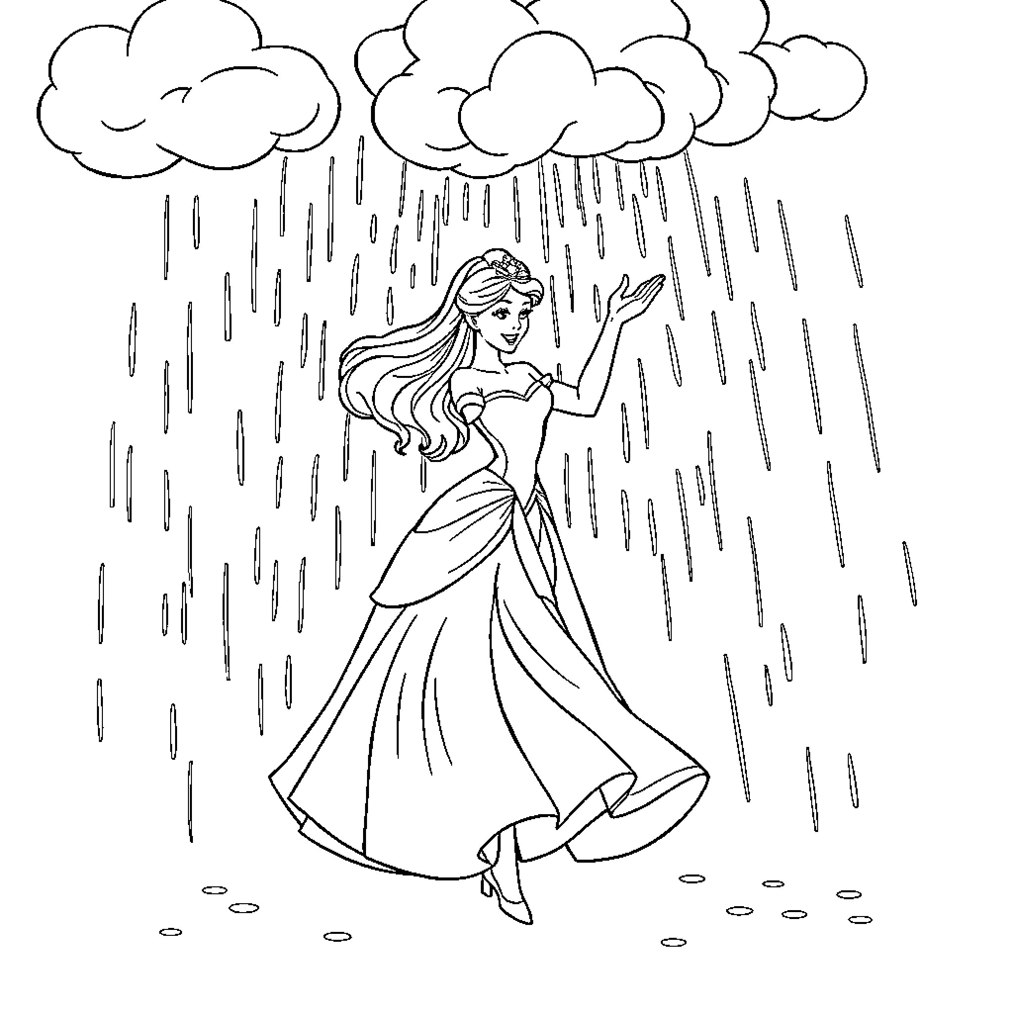 Princess Dancing in the Rainy Storm Coloring Page (free black-and-white line drawing printable PDF for all, from beginners to advanced learners, including children, teens, adults, and seniors)